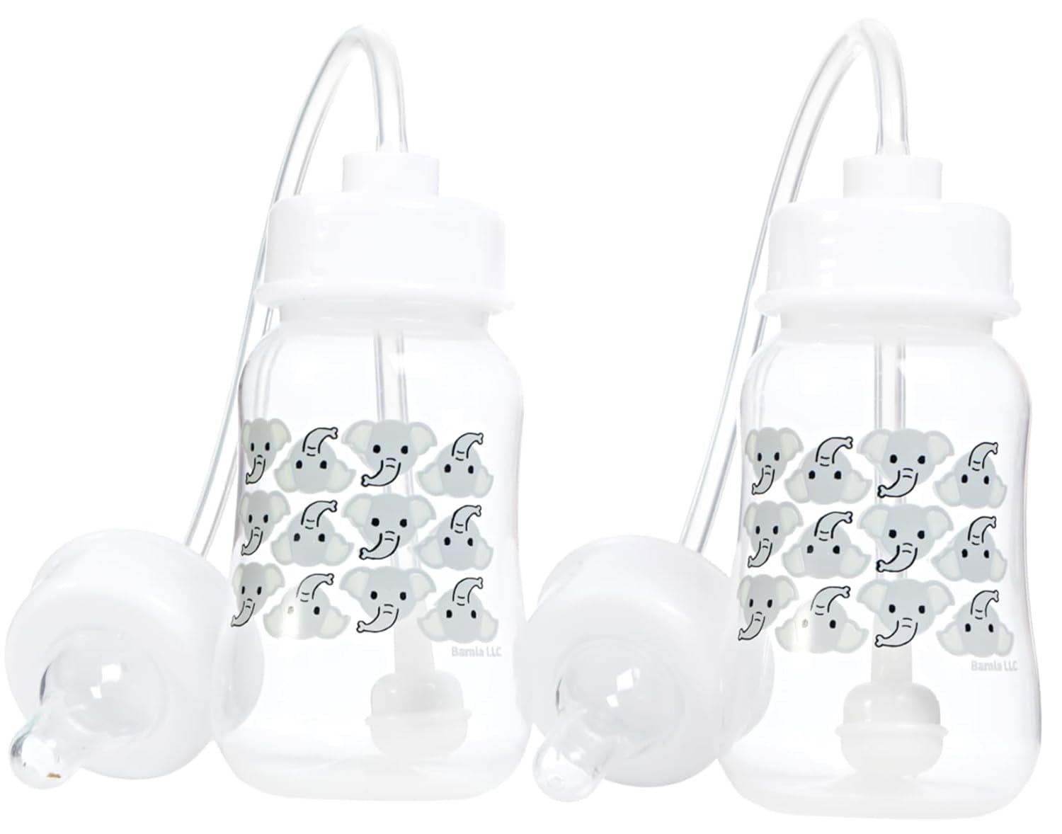 Hands-Free Baby Bottle - Nursing System 4 oz Baby Bottle with Nipple/Teat 3m+ with Tube Straw Feeding System for Toddler (2 Bottles - Elephant)
