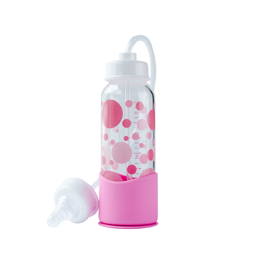 Hands-Free Baby Bottle - Nursing System 7 oz Glass Baby Bottle with Nipple/Teat 3m+ Infant with Tube Straw Feeding System for Toddler (1 Bottle - Pink)
