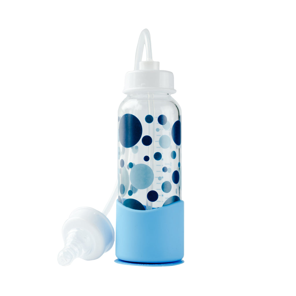 Hands-Free Baby Bottle - Nursing System 7 oz Glass Baby Bottle with Nipple/Teat 3m+ with Tube Straw Feeding System for Toddler (1 Bottle - Blue)