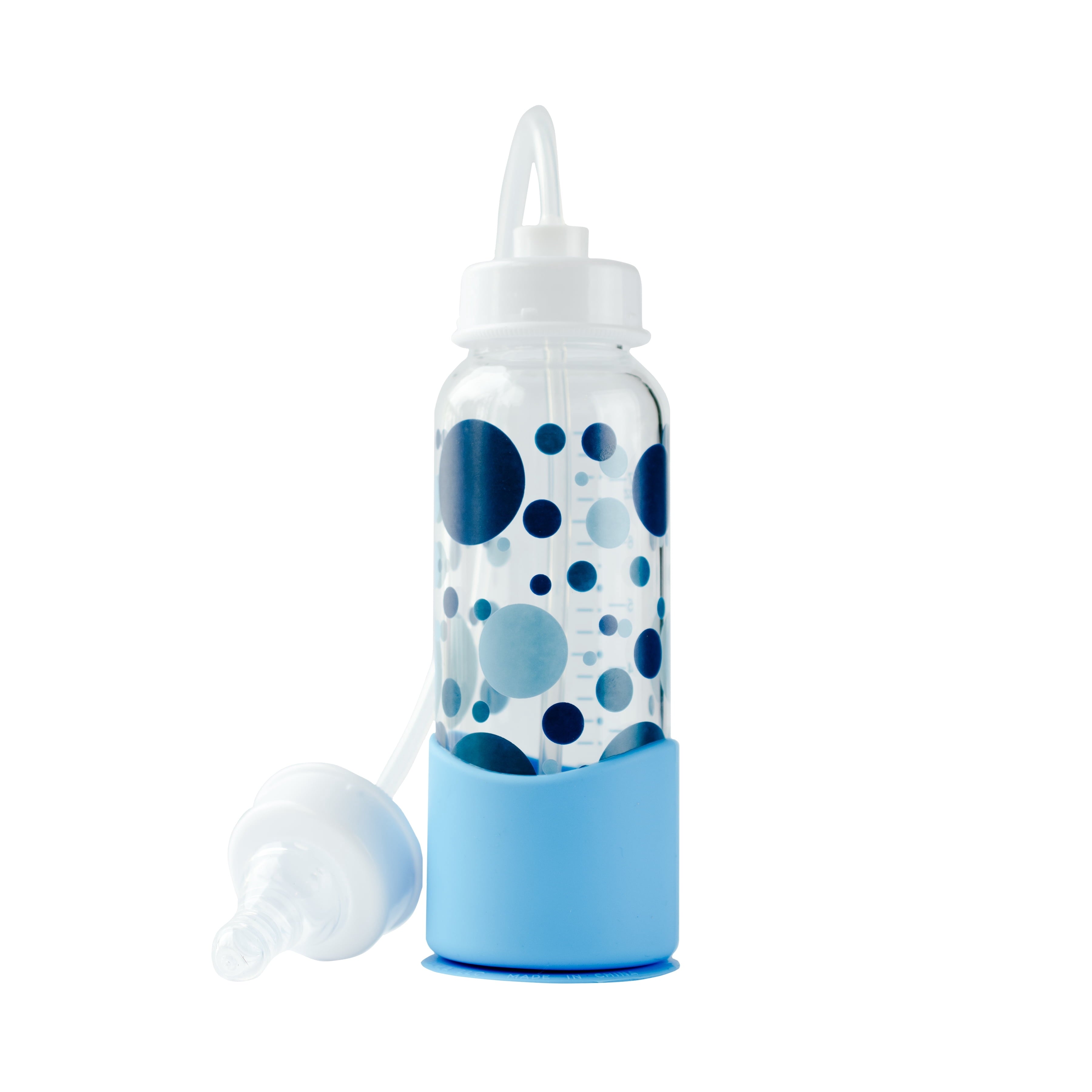 Hands-Free Baby Bottle - Nursing System 7 oz Glass Baby Bottle with Nipple/Teat 3m+ with Tube Straw Feeding System for Toddler (1 Bottle - Blue)