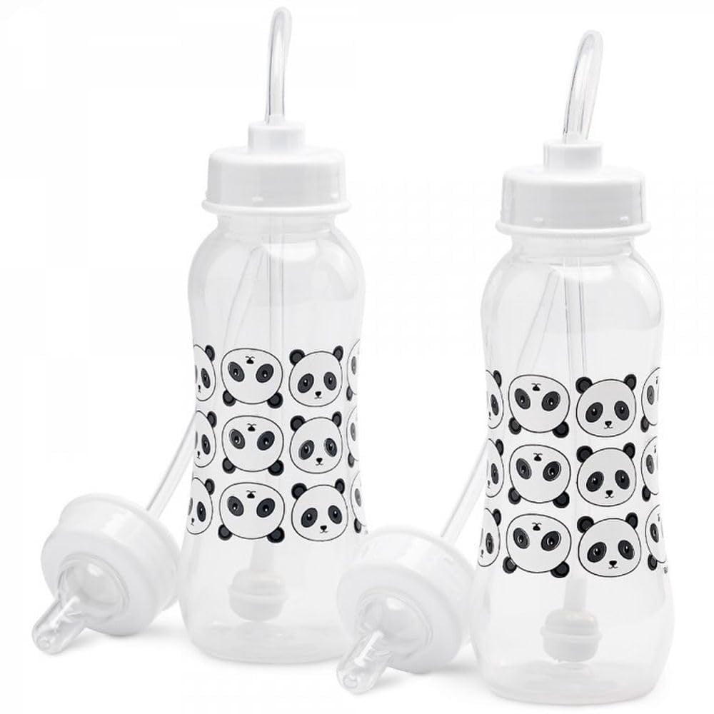 Hands-Free Baby Bottle - Nursing System 9 oz Baby Bottle with Nipple/Teat 3m+ Infant with Tube Straw Feeding System for Toddler (2 Bottles - Panda)
