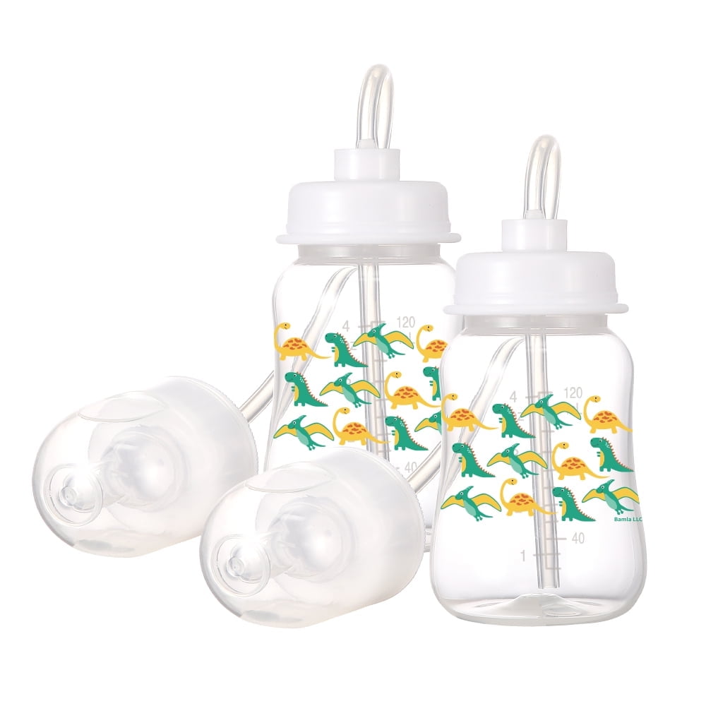 Hands-Free Baby Bottle - Self Feeding System 4 oz (2 Pack - Dinosaur)