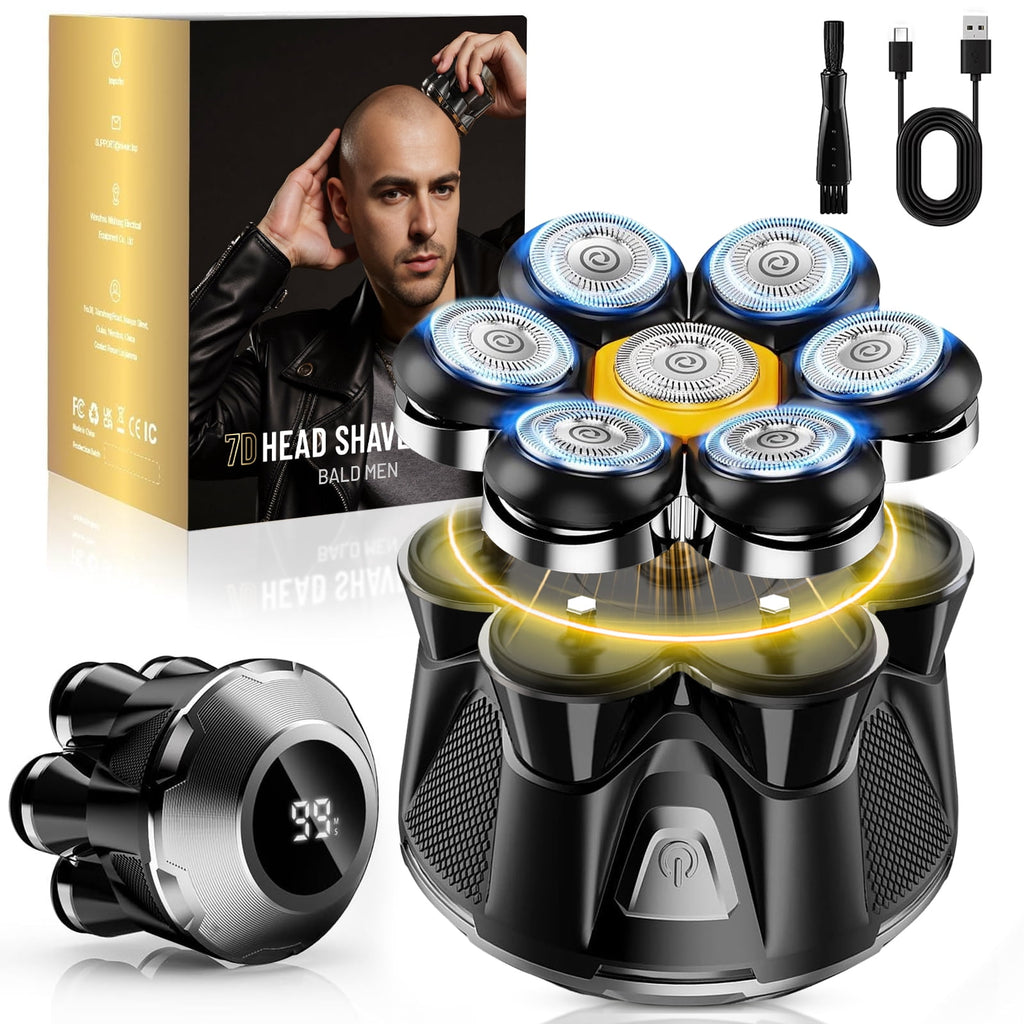 Head Shavers for Men, Magnetic Electric Bald Razor, 7D Rotary Cordless Shaver, Rechargeable Grooming Kit for Mens Scalp/Face/Beard, Close Shaving, PX7 , Wet/Dry, LED Display