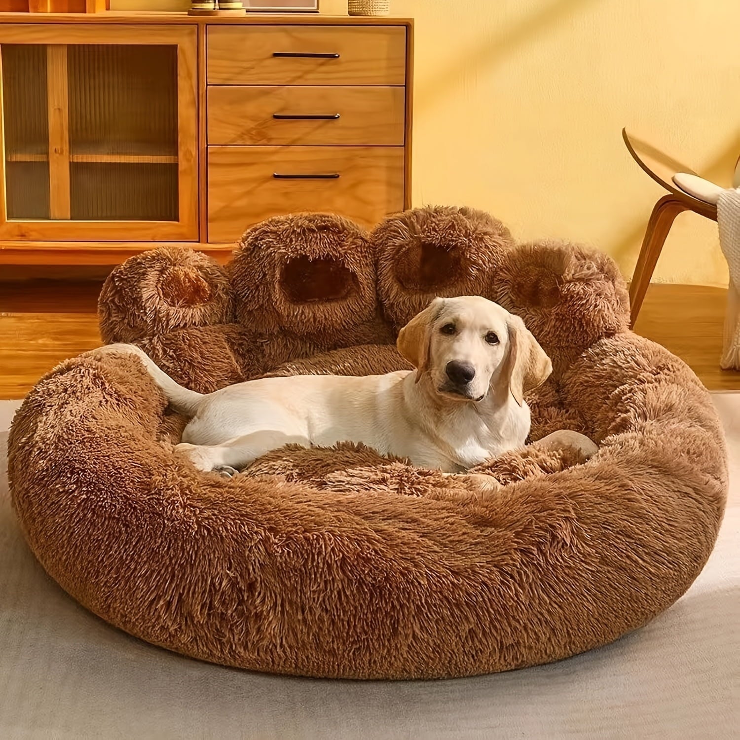 Paw Shape Pet Bed, Plush Faux Fur Donut Bed for Dogs &amp; Cats, , Bottom