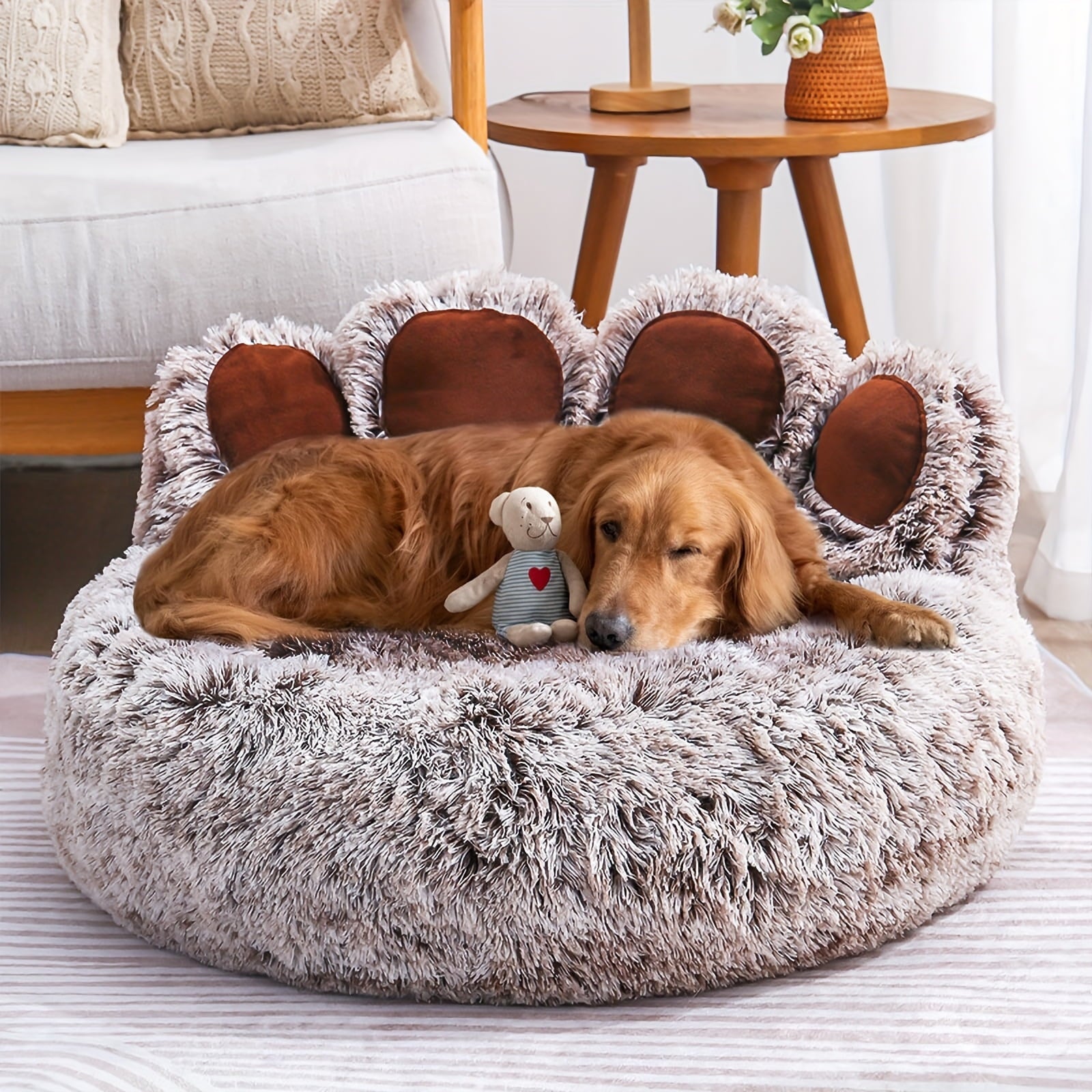 Paw Shape Pet Bed, Plush Faux Fur Donut Bed for Dogs &amp; Cats, , Bottom