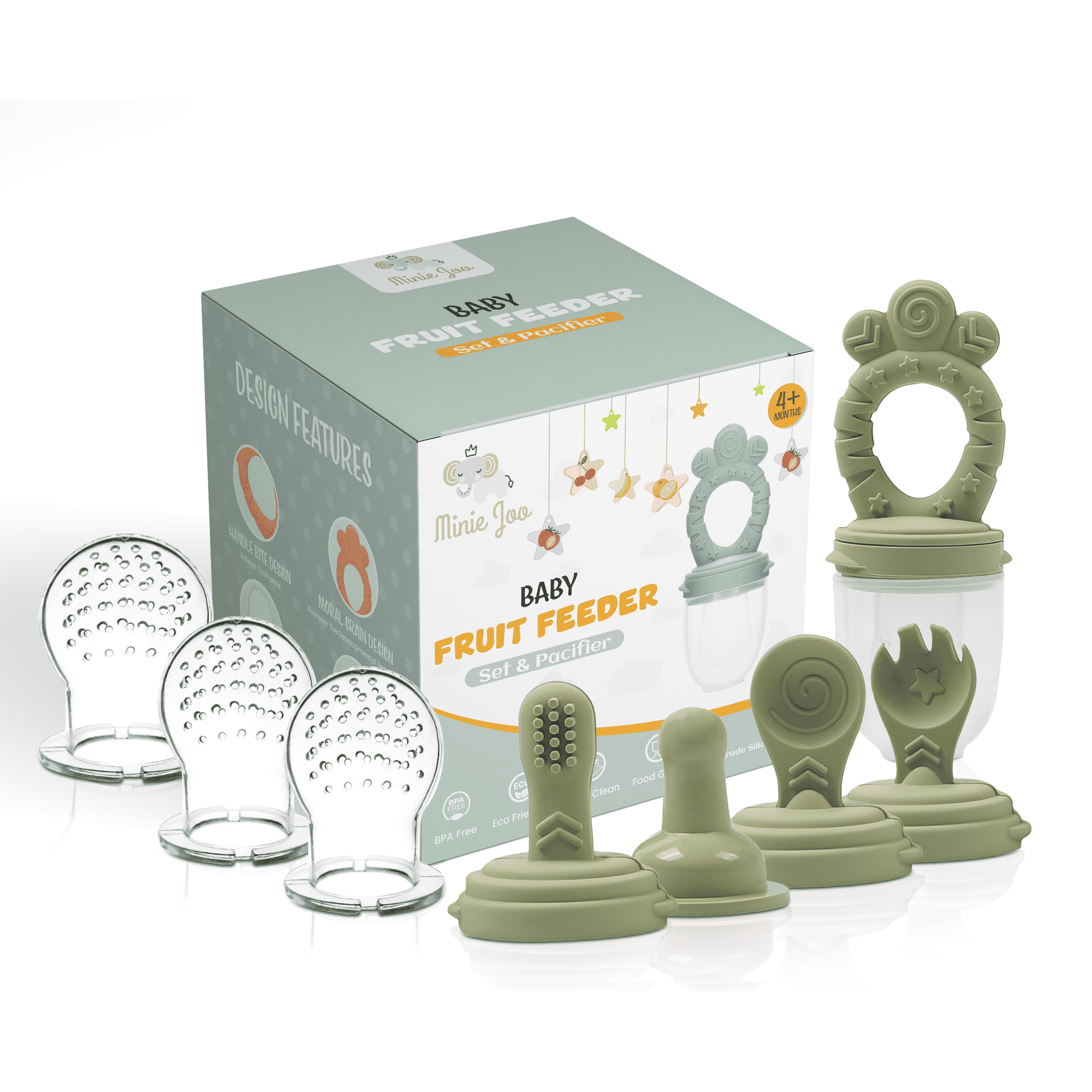 Minie Joo Baby Fruit and Food Feeder &amp; Teething Pacifier Set, 3 Pacifier Pouches, Pink