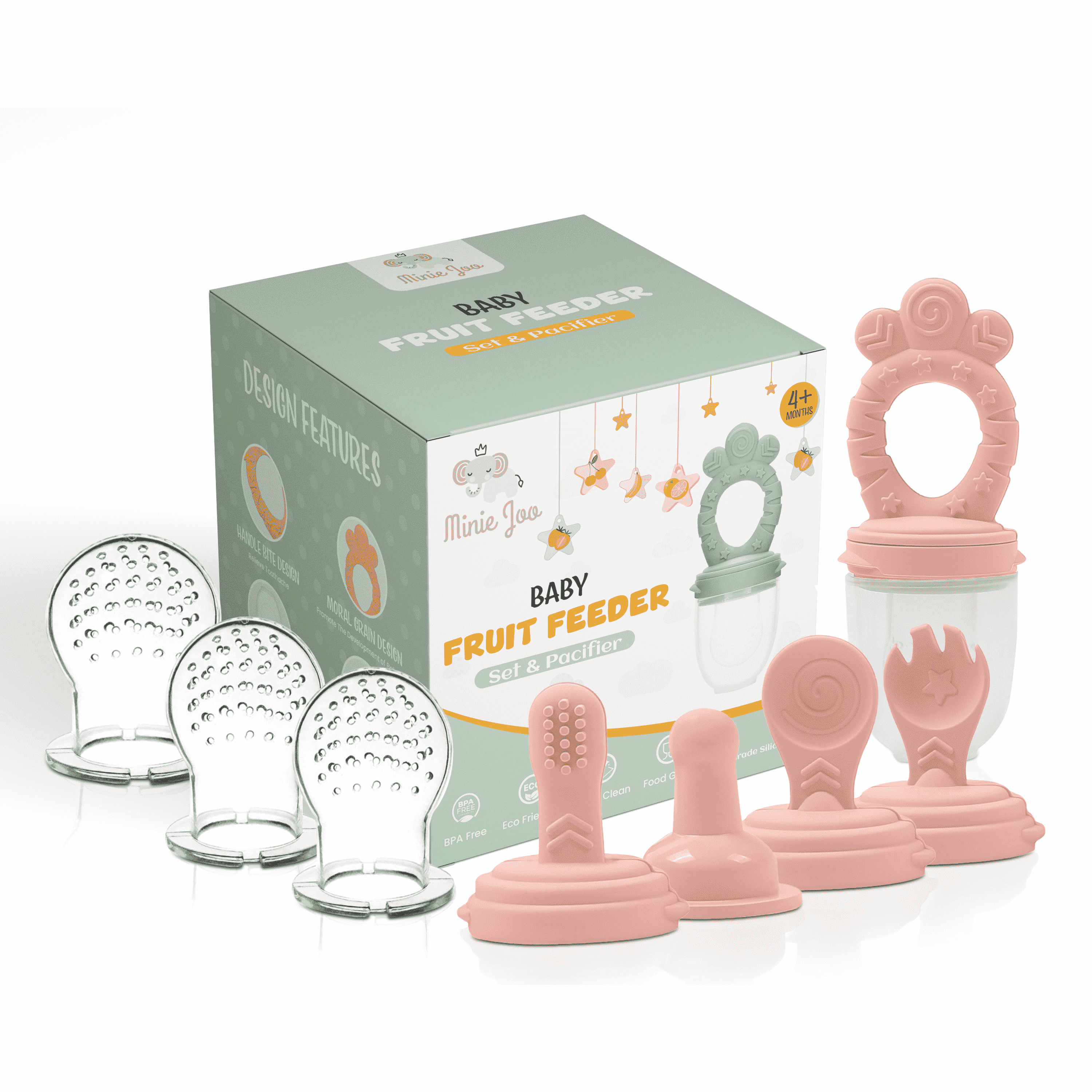 Minie Joo Baby Fruit and Food Feeder &amp; Teething Pacifier Set, 3 Pacifier Pouches, Pink