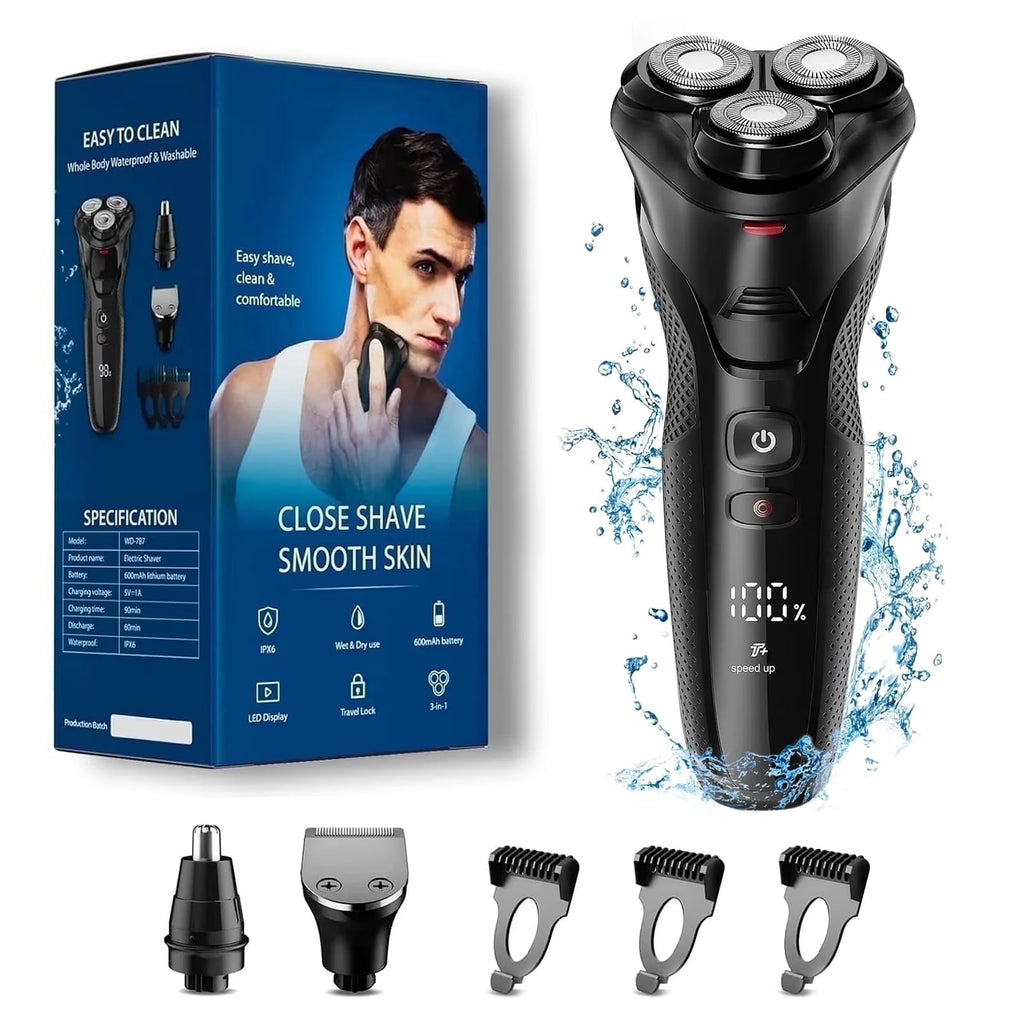Electric Shavers for Men, 3 in 1 Cordless Razor Wet Dry Adjustable Speeds Beard Trimmer Grooming Kit with Nose Hair Trimmer, Sideburns Trimmer