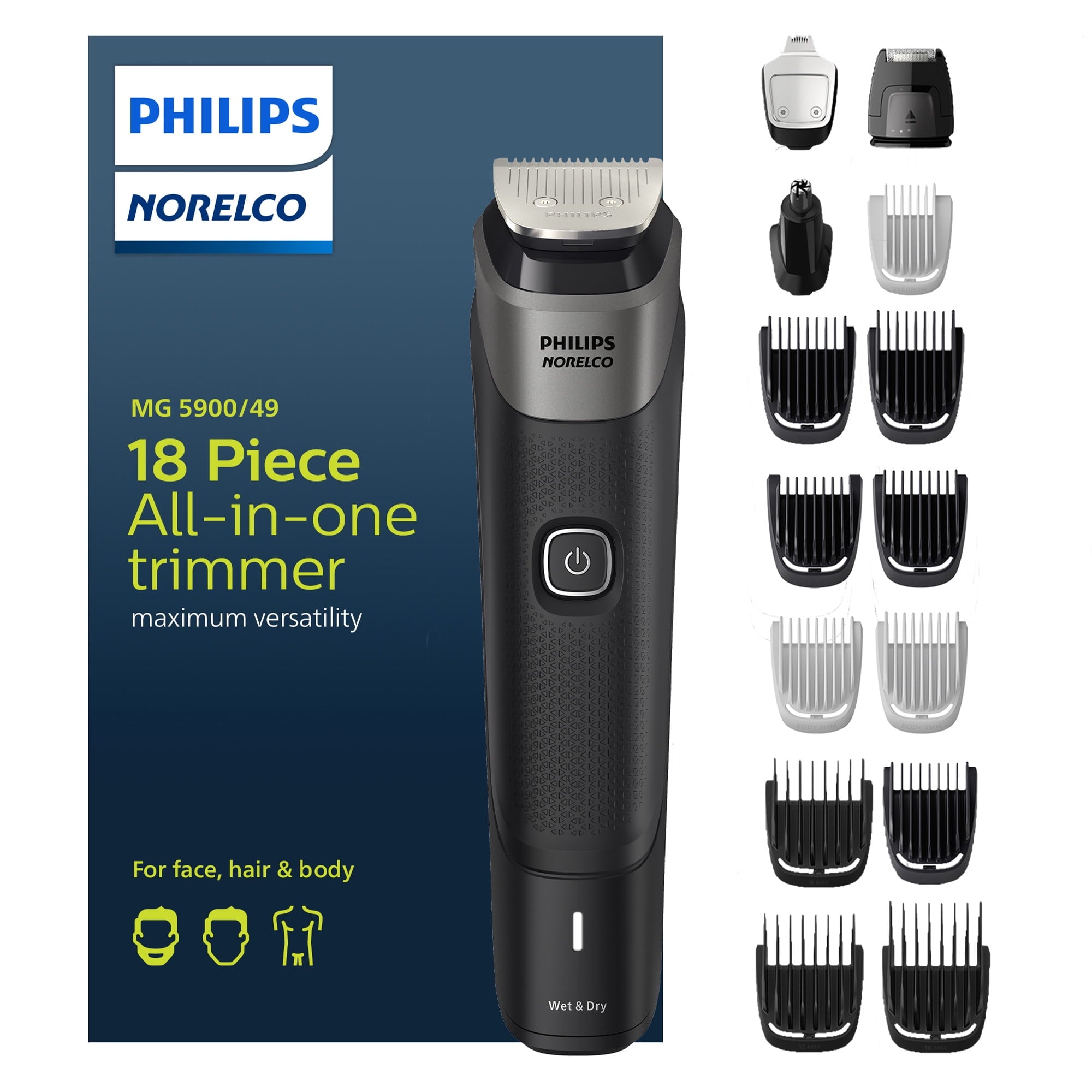 Multigroom Series 5000 18 Piece, Beard Face, Hair, Body and Intimate Hair Trimmer For Men - No Blade Oil MG5900/49