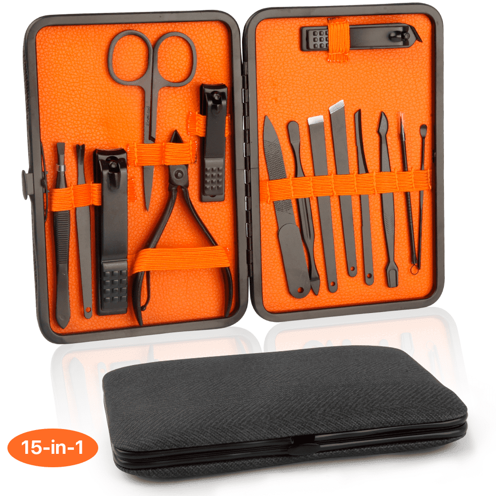 15-Piece Nail Clipper Manicure Set for Adult Women Men Grooming Pedicure Kit Stainless Steel for Facial Cuticle with Leather Travel Care