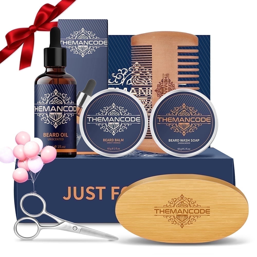 THEMANCODE Beard Kit for Men – Beard Grooming &amp; Trimming Kit Set with Beard Oil, Balm, Wash Soap, Comb, Brush &amp; Mustache Scissors, Gift for Men
