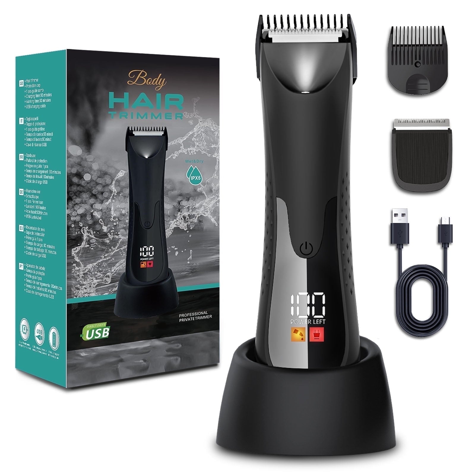 Body Hair Trimmer – Pubic, Groin, Chest &amp; Underarm Grooming Kit, Cordless Rechargeable Beard Trimmer w/ Adjustable Taper for Men Women, Black