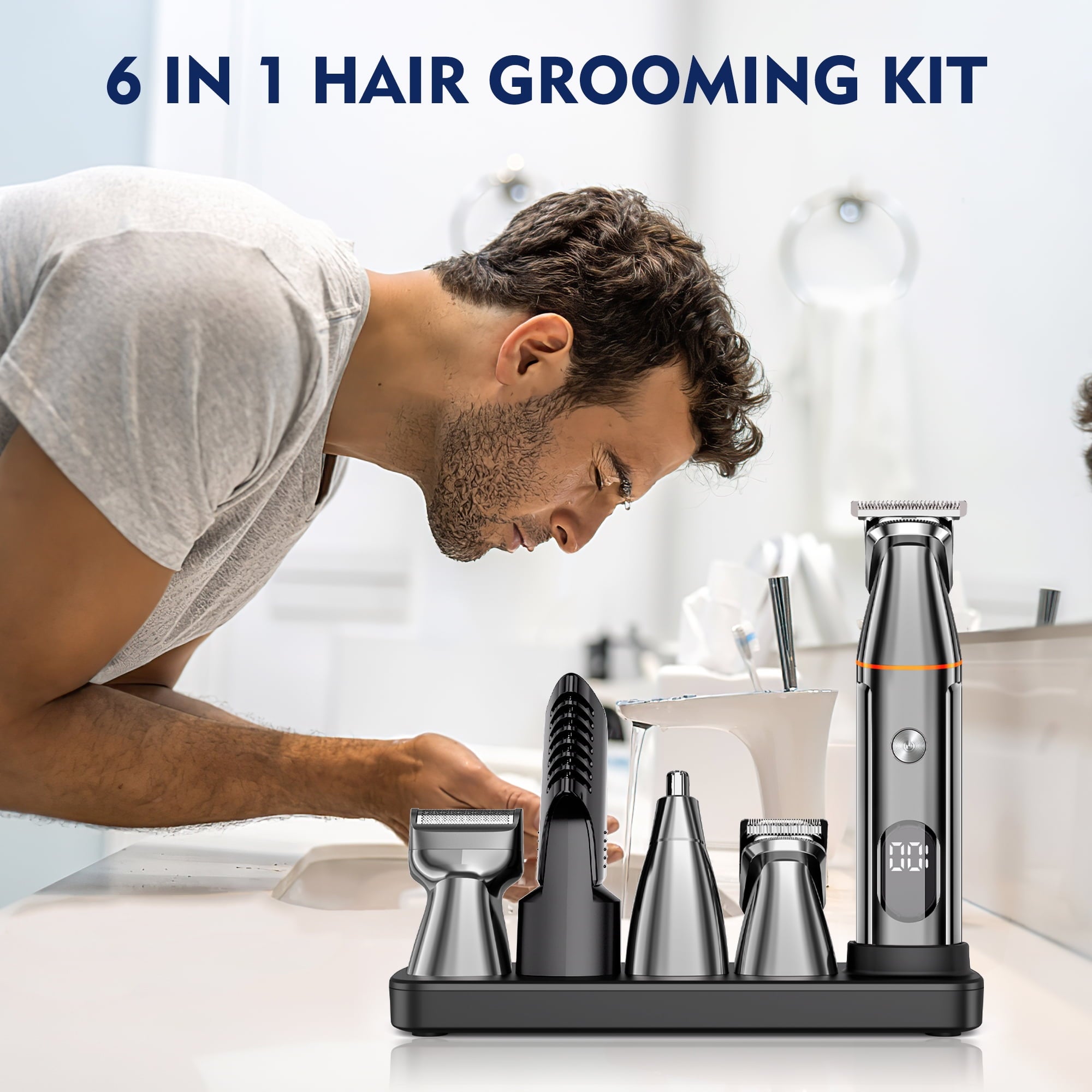 Hair Clippers, 5 IN 1 Cordless Electric Nose Ear Beard Trimmer Face Body Shaver, Rechargeable Men's Haircut &amp; Grooming Kit with LED Display for Father Husband Boyfriend