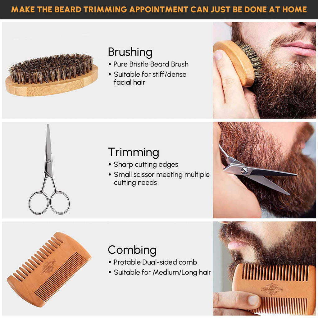 THEMANCODE Beard Kit for Men – Beard Grooming &amp; Trimming Kit Set with Beard Oil, Balm, Wash Soap, Comb, Brush &amp; Mustache Scissors, Gift for Men