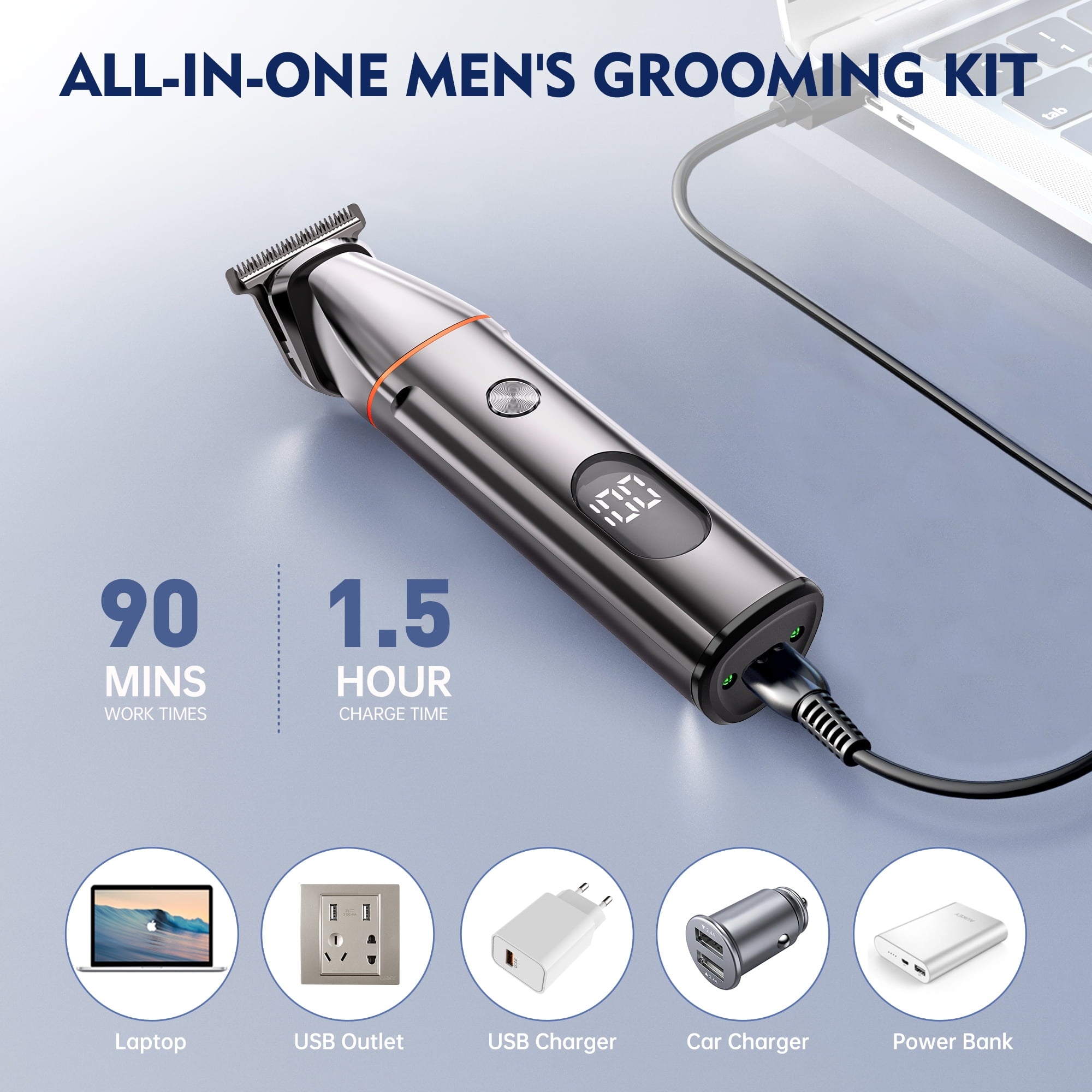 Hair Clippers, 5 IN 1 Cordless Electric Nose Ear Beard Trimmer Face Body Shaver, Rechargeable Men's Haircut &amp; Grooming Kit with LED Display for Father Husband Boyfriend