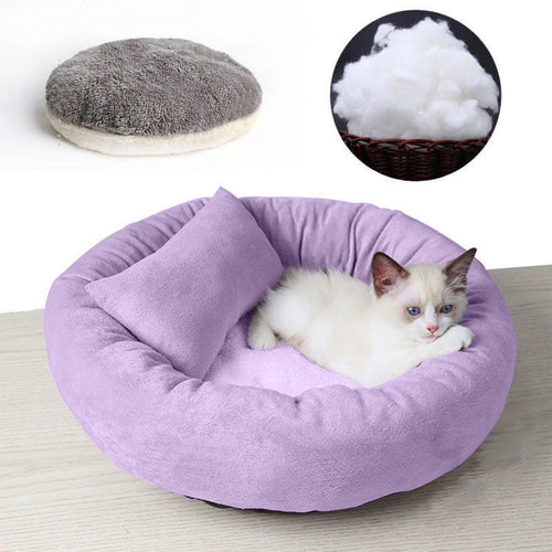 14in Round Cat Beds for Indoor Cats Small Dog Bed with Pillow, Washable Plush Pet Bed for Kittens Puppy, Purple