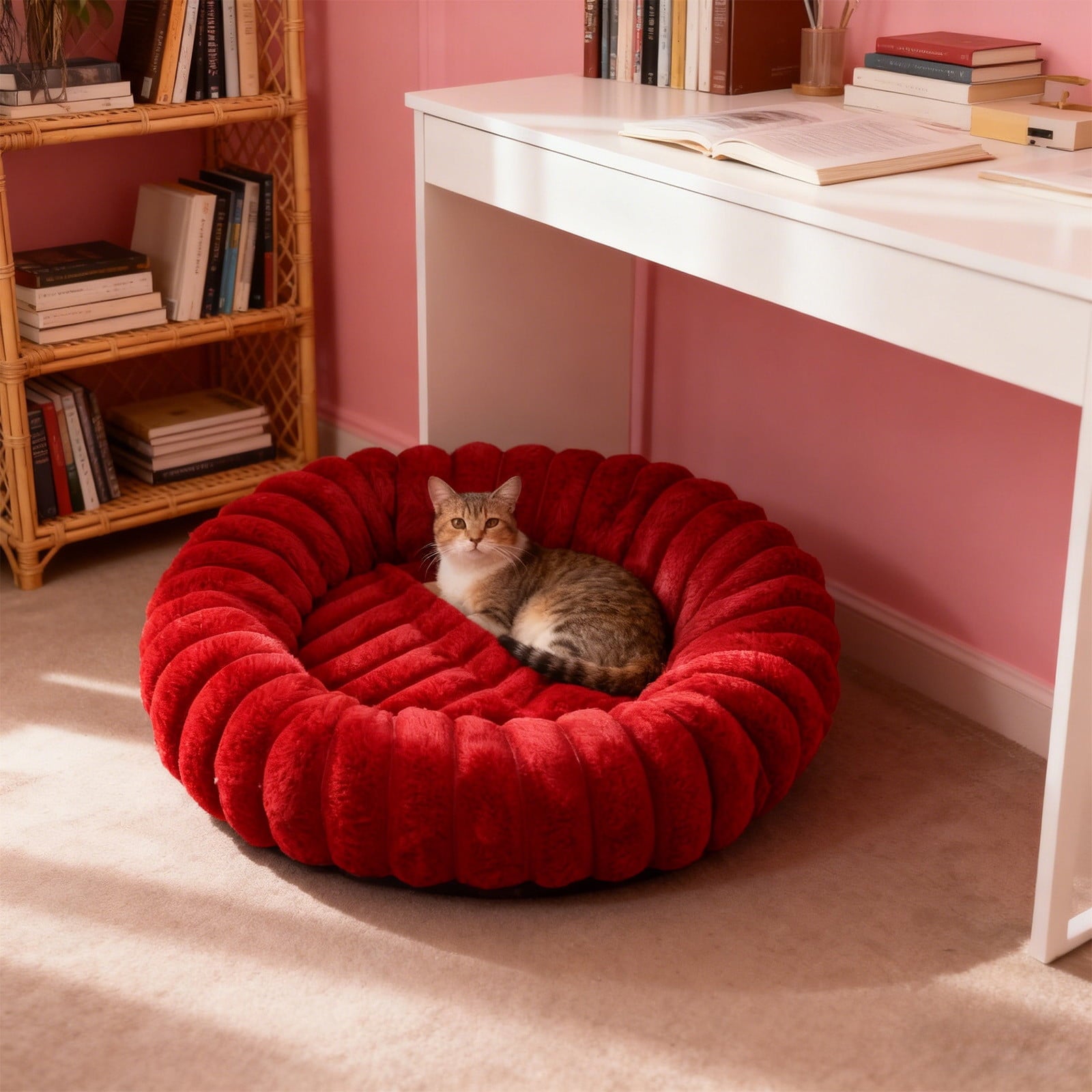 High Pile Plush Round Pet Bed Kennel Mat Extra Dog Cat Bed with Raised Edge for Small Medium Pets
