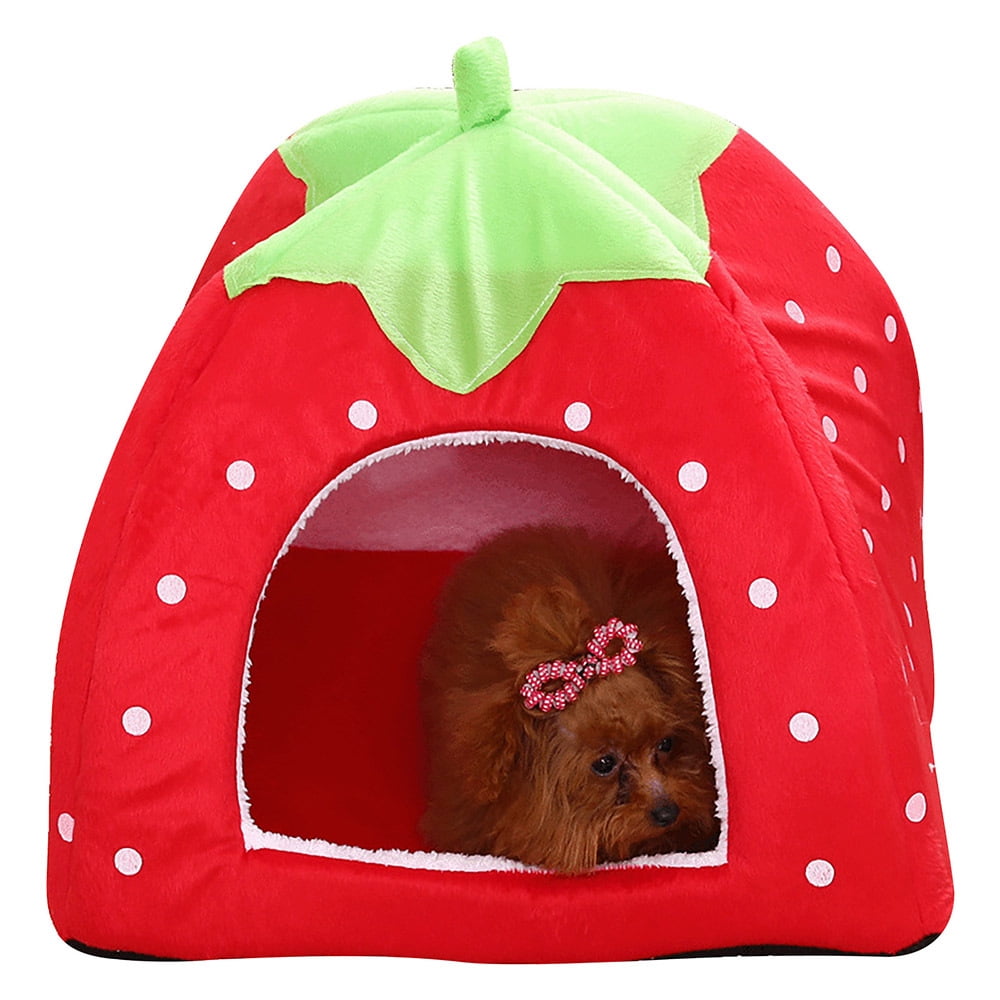 Cute Strawberry Cat House Indoors Winter Pet Dog Bed Fleece Yurt