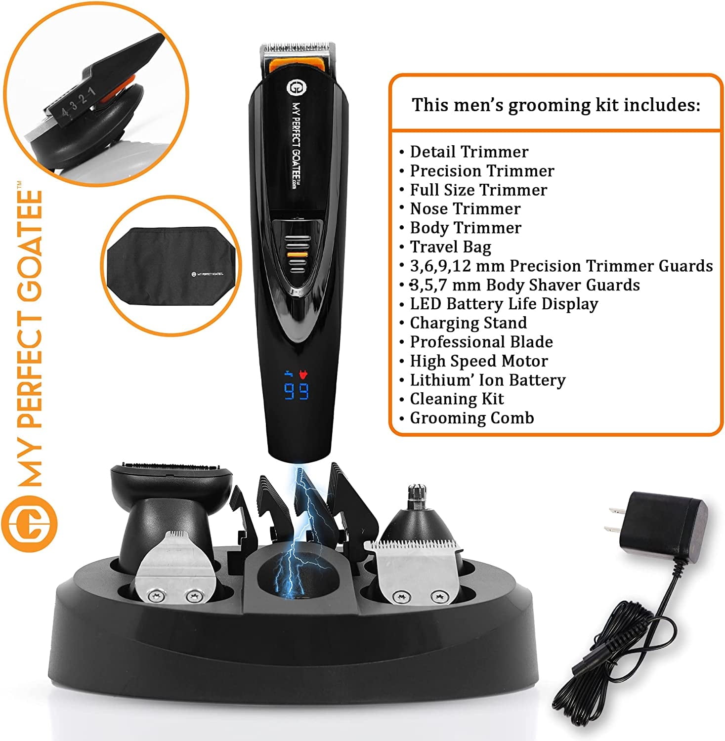 My Goatee Beard Trimmer, Grooming Kit with LED Battery Charge Indicator, Travel Bag