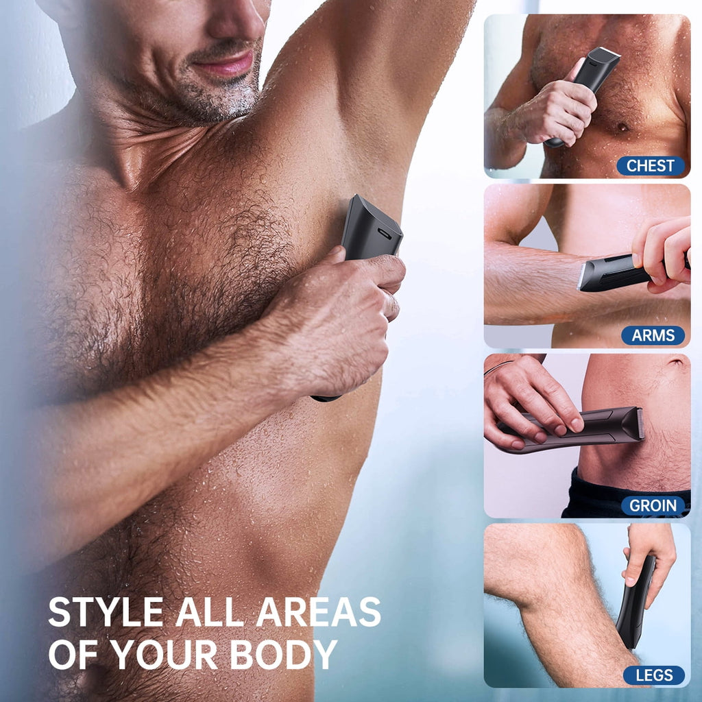 Electric Body Trimmer, Men's Groin Hair Trimmer IPX5 Wet/Dry Use Razor, Ceramic Blade Ball Shaver Clipper Body Grooming Kit with LCD Baterry Display, USB Recharge Dock &amp; LED Light