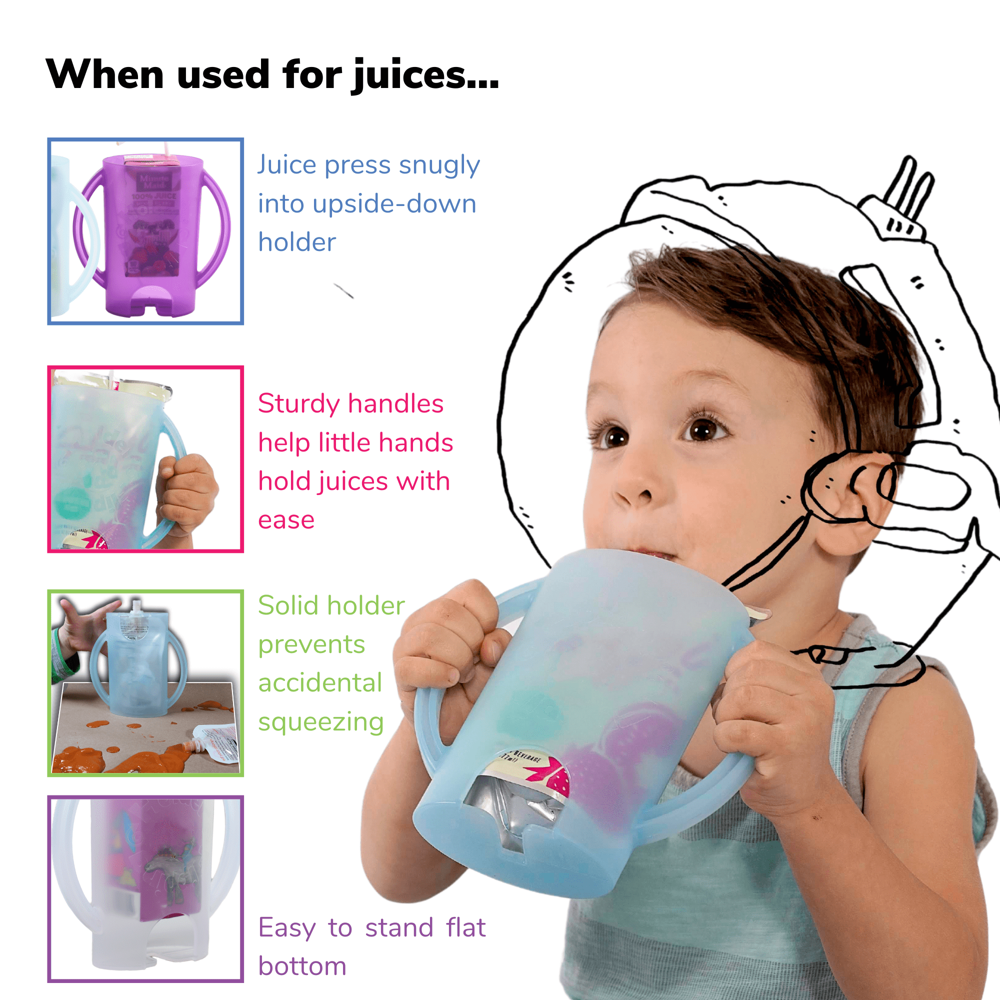 Squeeze Proof Flipping Holder ORIGINAL (without lid) for Food Pouches &amp; Juice Boxes (Purple) - Multipurpose Design - Prevent Messes &amp; Support Self-Feeding - Handles for Easy Grasping