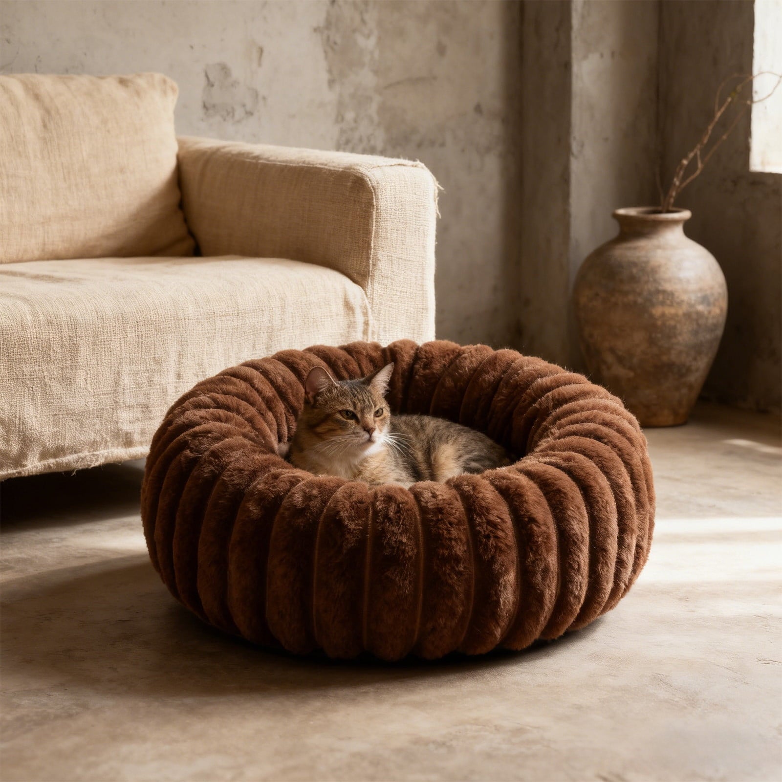 High Pile Plush Round Pet Bed Kennel Mat Extra Dog Cat Bed with Raised Edge for Small Medium Pets