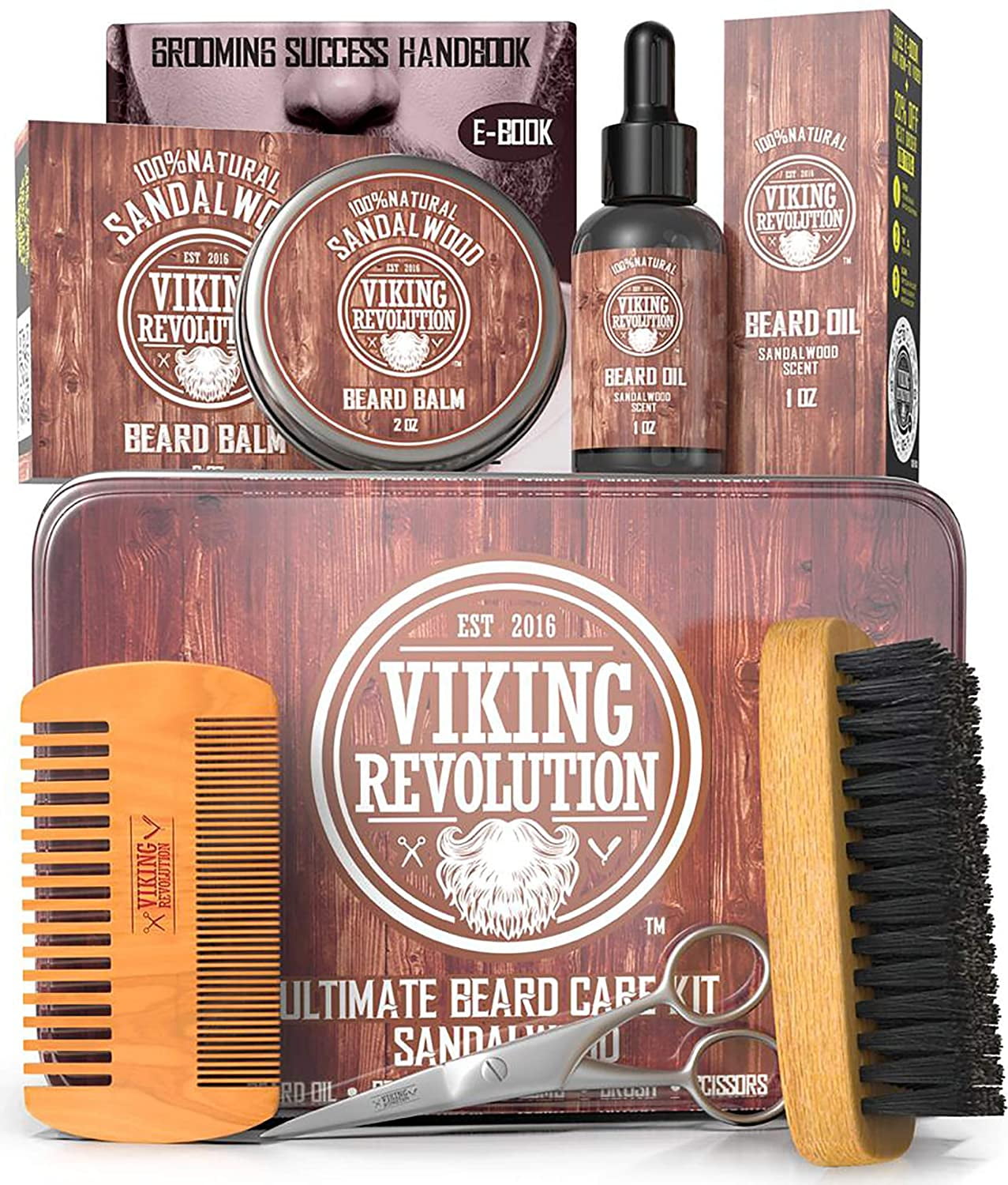 Grooming Kit for Men - Boar Brush, Wood Comb, Sandalwood Balm &amp; Oil, Scissors for Beard &amp; Mustache