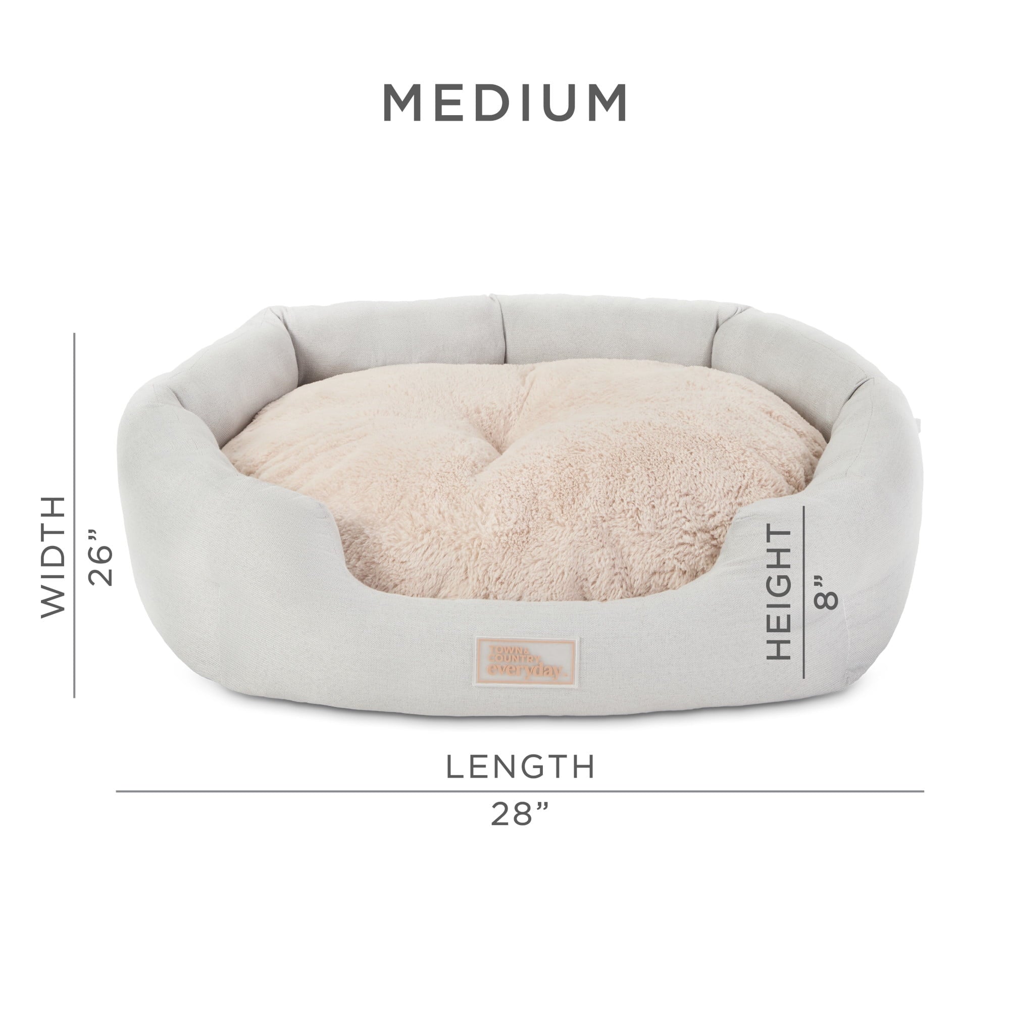 TOWN &amp; COUNTRY EVERYDAY CuddleTown Faux Linen Comfy Cuddler Pet Bed, Supportive &amp; Egg Crate Foam, Water Repellent, Bottom, Cover, Grey, Medium 28"x26"x8"