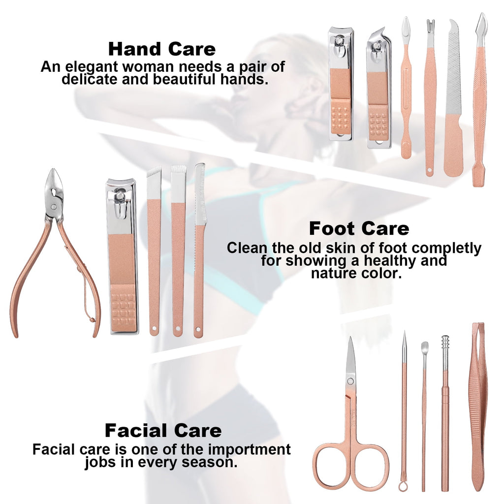 Abaima 16pcs Manicure Sets,Mini Pedicure Kit Nail Clippers, Grooming Kit with PU Leather Case, Stainless Steel Trave Nail Care Tools(Pink)