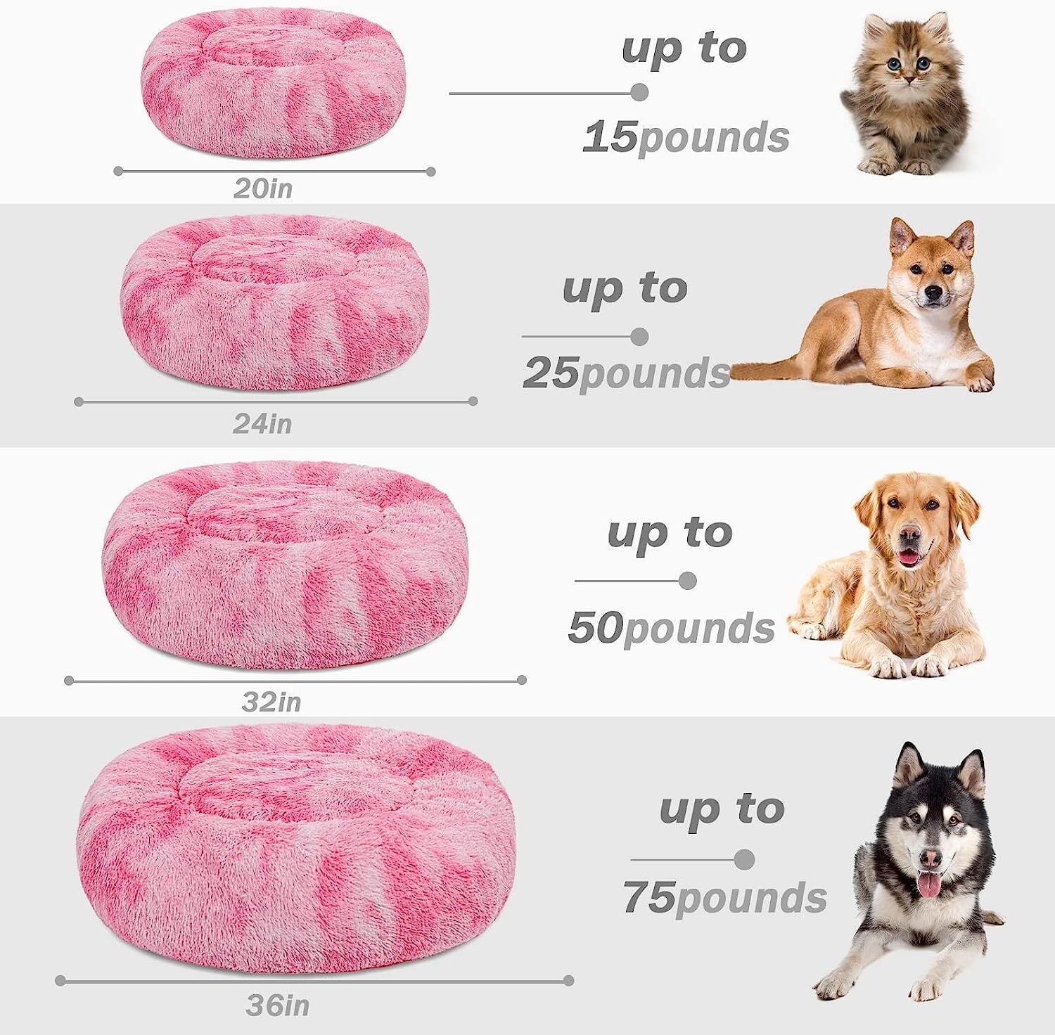 Donut Pet Bed for Small Dogs 20", Plush Warming Dog Bed, Pink Rainbow