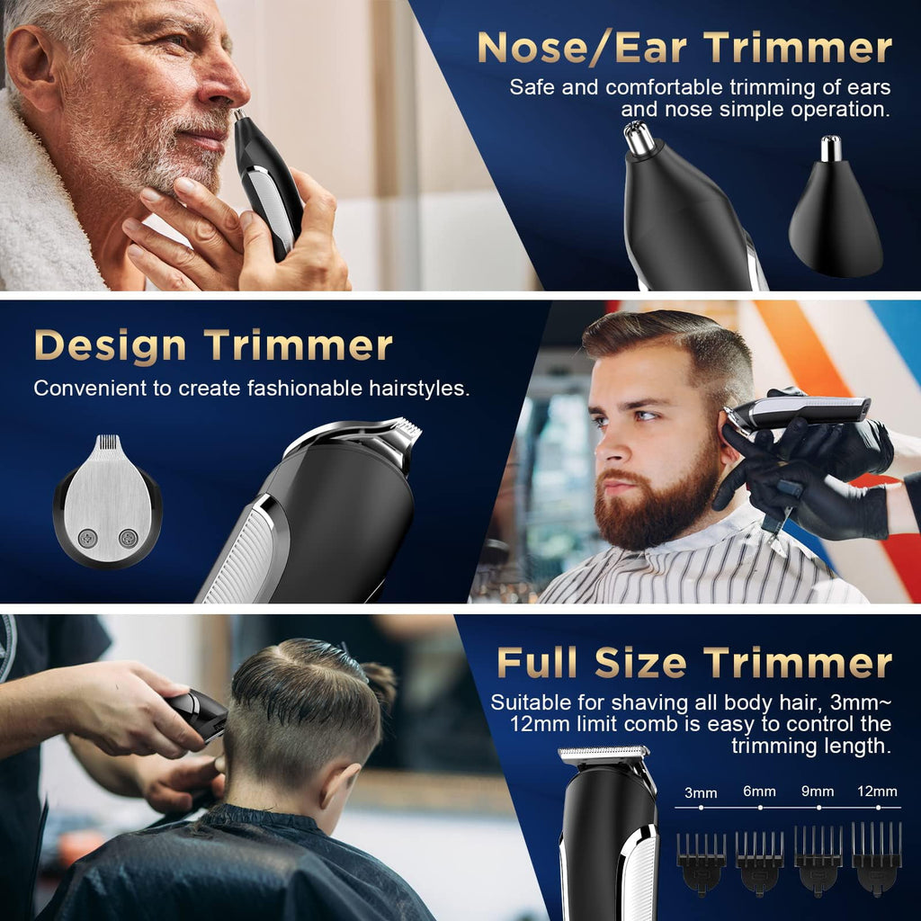 Men's All-in-One Grooming Kit, Beard Trimmer, Hair Clippers, Nose &amp; Ear Razor, Detail Trimmer, IPX6 Cordless Clipper with 4 Limit Combs