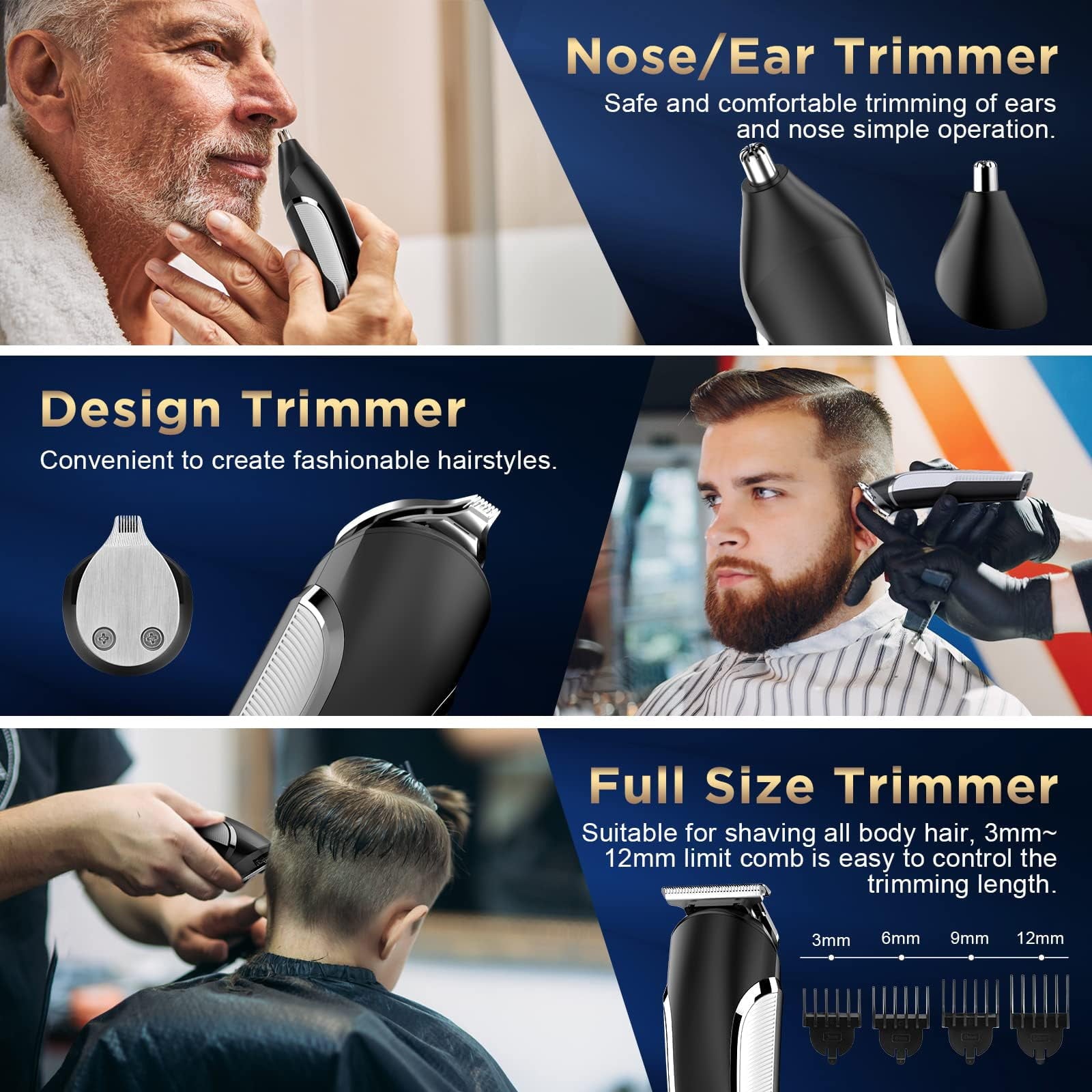 Men's All-in-One Grooming Kit, Beard Trimmer, Hair Clippers, Nose &amp; Ear Razor, Detail Trimmer, IPX6 Cordless Clipper with 4 Limit Combs
