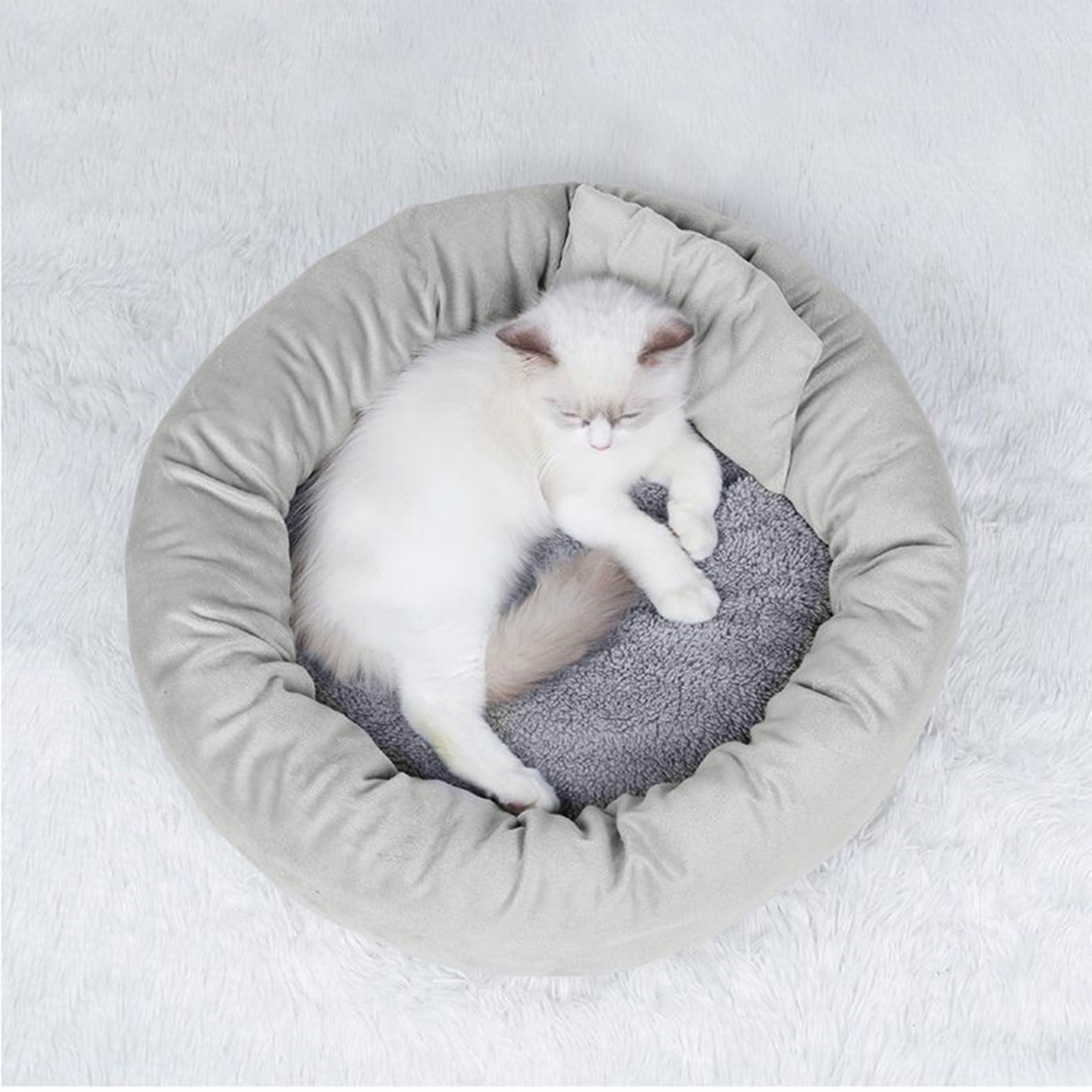 Cat Beds with Pillow for Small Medium Dogs and Cats, Round Dog Puppy Cuddler Bed, Washable Plush Pet Bed Thickened Dog Kennel Mat for Puppy Sleeping, M 45CM