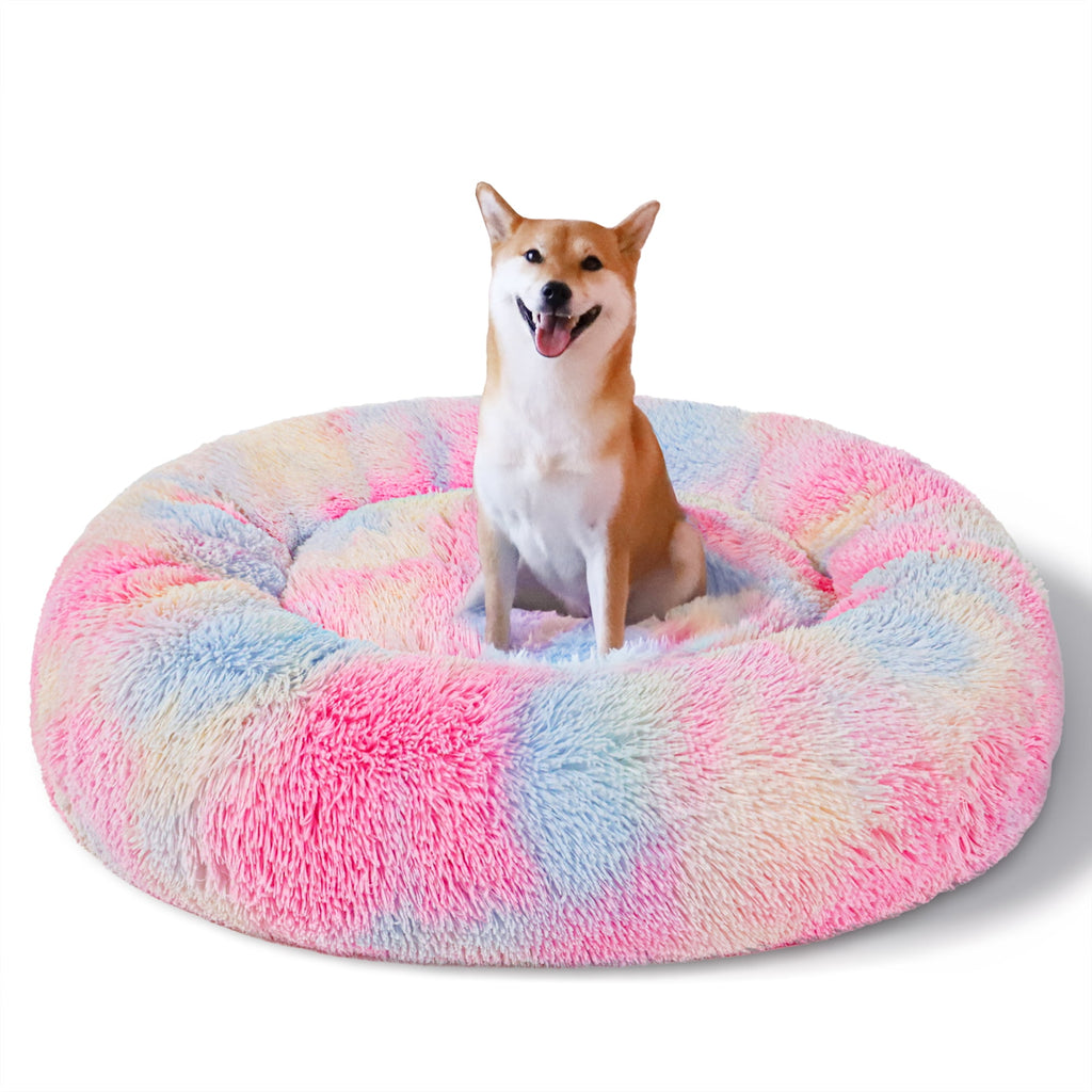 Donut Pet Bed for Small Dogs 20", Plush Warming Dog Bed, Pink Rainbow
