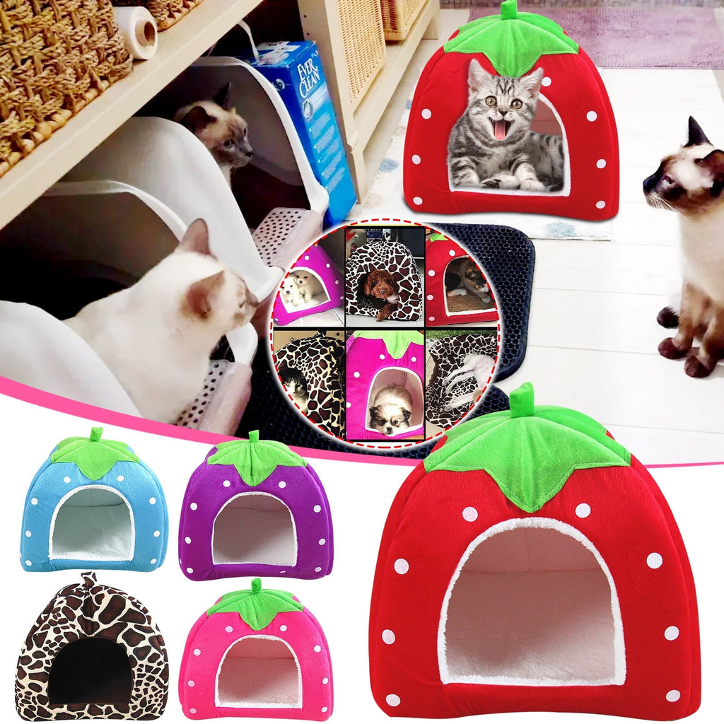 Cat Beds for Indoor Cats - Small Dog Bed with Anti-Slip Bottom, Cat/Small Dog Strawberry Cave, Super Pet Tent Bed