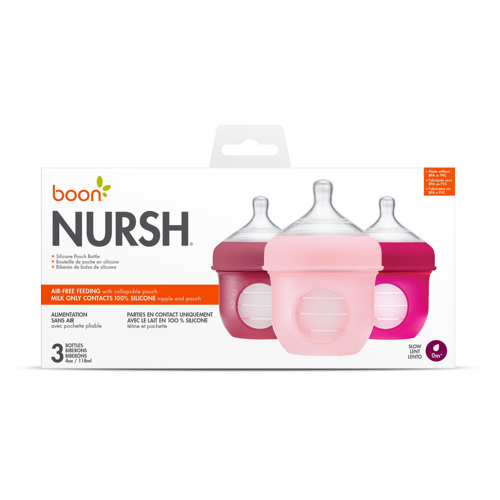 Nursh Silicone Pouch Baby Bottle, Air-Free Feeding, Pink Multi Pack 4 Oz 3 Pk