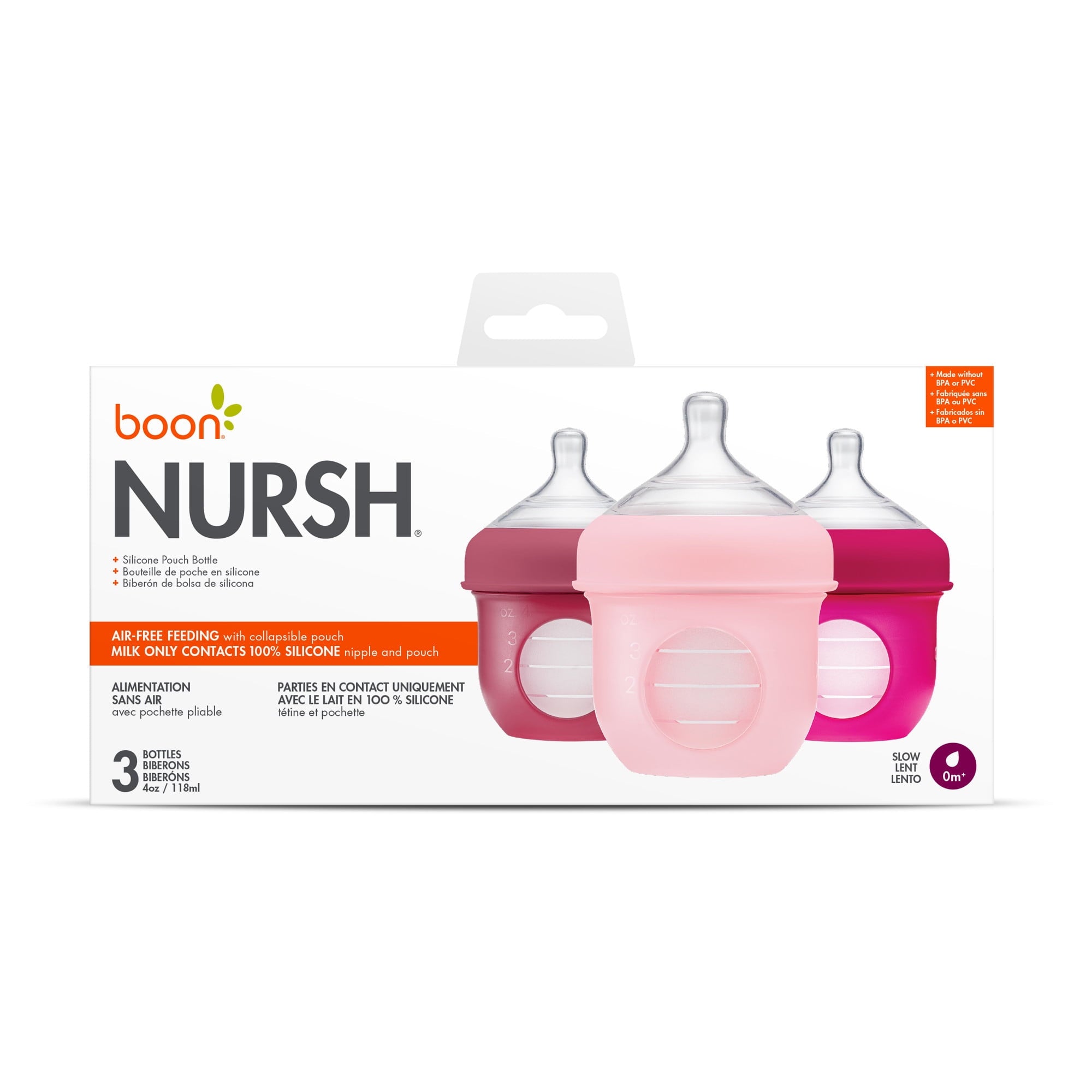 Nursh Silicone Pouch Baby Bottle, Air-Free Feeding, Pink Multi Pack 4 Oz 3 Pk