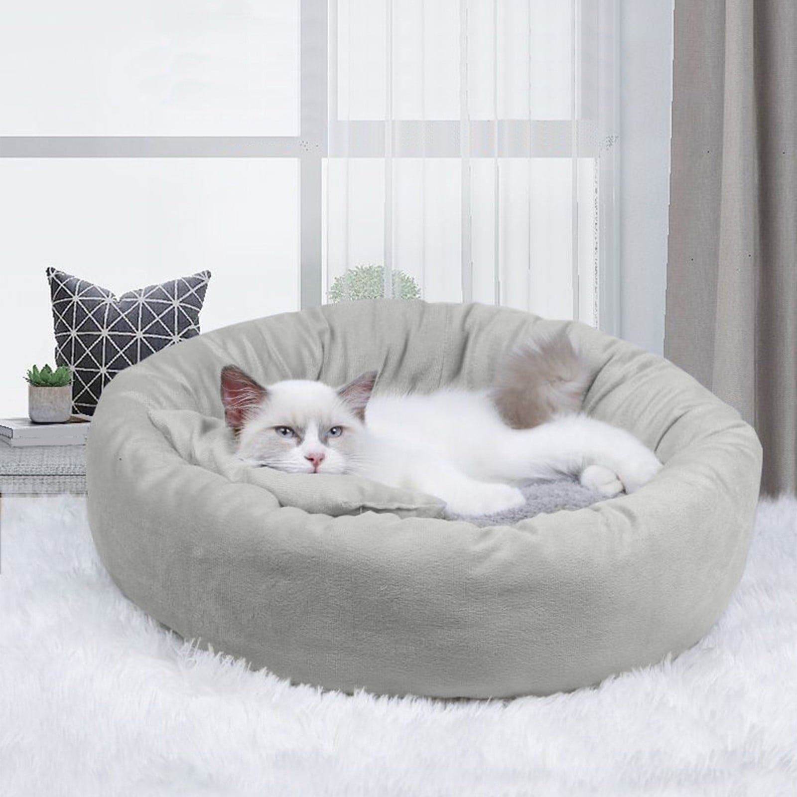Cat Beds with Pillow for Small Medium Dogs and Cats, Round Dog Puppy Cuddler Bed, Washable Plush Pet Bed Thickened Dog Kennel Mat for Puppy Sleeping, M 45CM