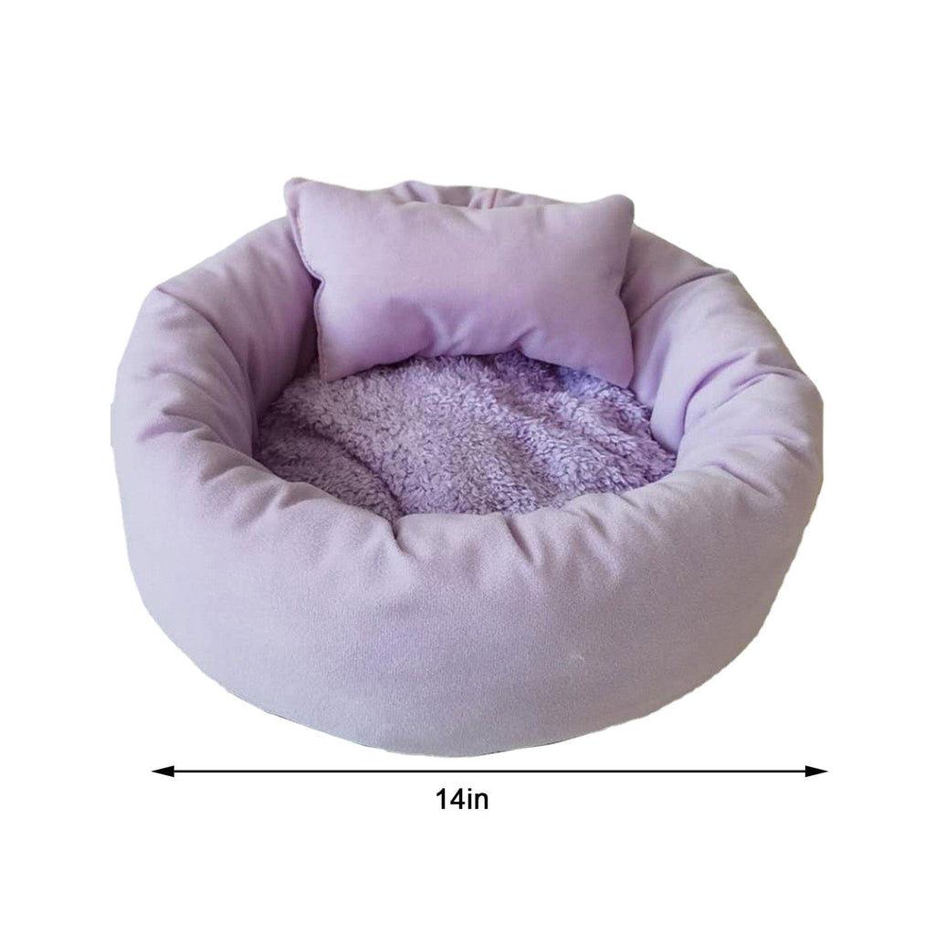 14in Round Cat Beds for Indoor Cats Small Dog Bed with Pillow, Washable Plush Pet Bed for Kittens Puppy, Purple