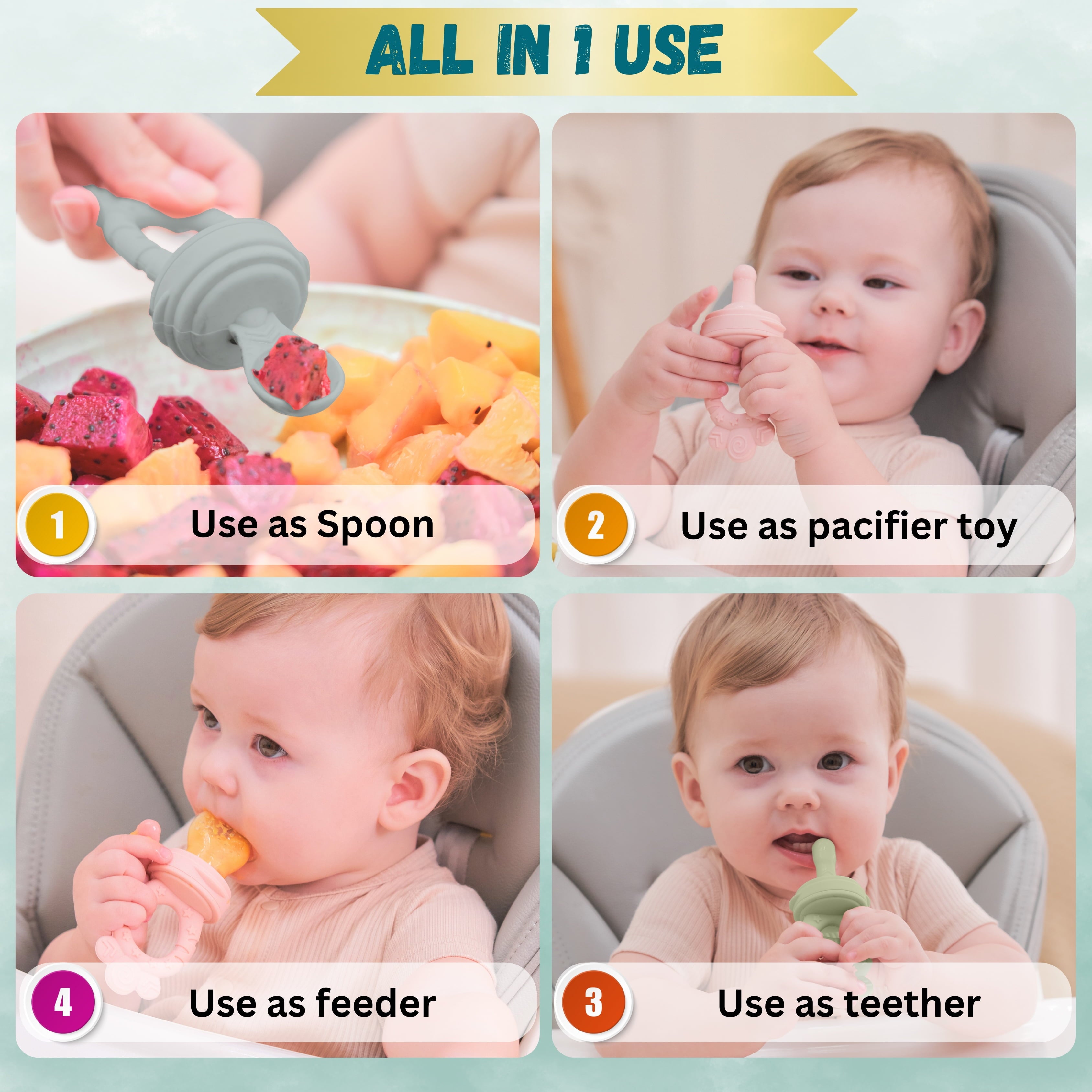 Minie Joo Baby Fruit and Food Feeder &amp; Teething Pacifier Set, 3 Pacifier Pouches, Pink