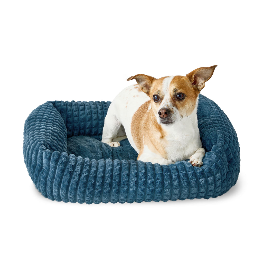 Small Flannel Waffle Texture Bolster Cat or Dog Bed, Blue, 17" x 21"