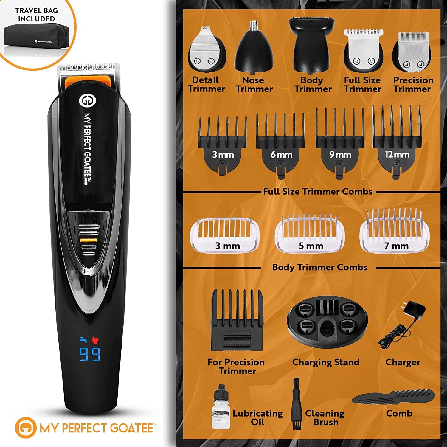 My Goatee Beard Trimmer, Grooming Kit with LED Battery Charge Indicator, Travel Bag