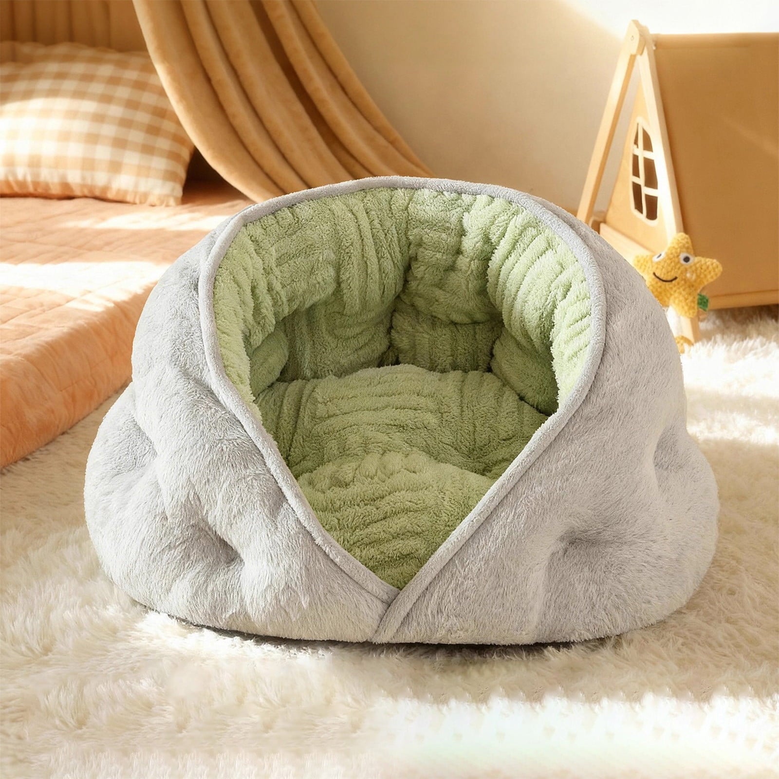 Reversible Winter Pet Bed and Mat Dual-Sided Plush Dog Cat Bed Removable Washable Cover for Crate Sofa or Floor