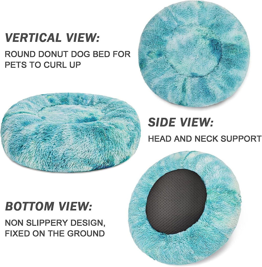 Donut Pet Bed for Small Dogs 20", Plush Warming Dog Bed, Pink Rainbow