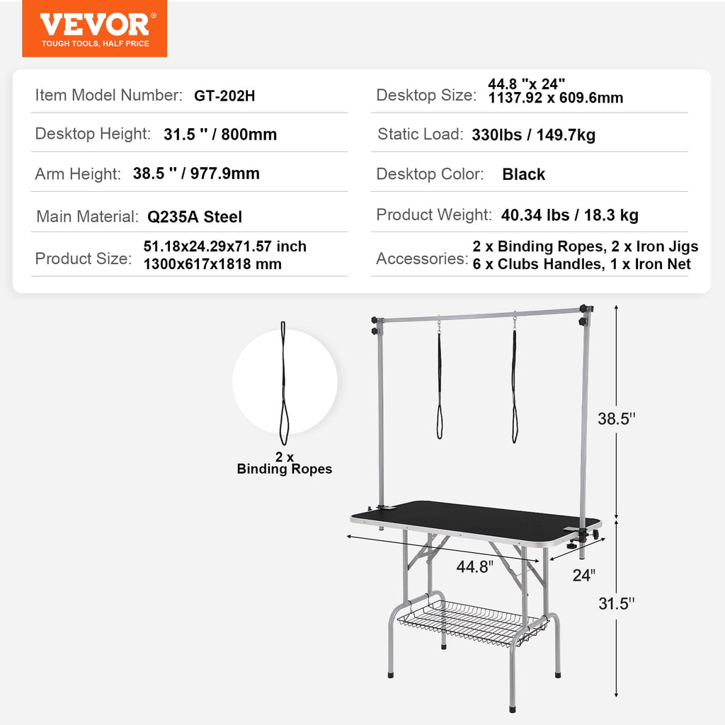 VEVOR Pet Grooming Table Two Arms with Clamp, 46'' Dog Grooming Station, Pets Grooming Stand for Medium and Small Dogs, Free No Sit Haunch Holder with Grooming Loop, Bearing 330lbs