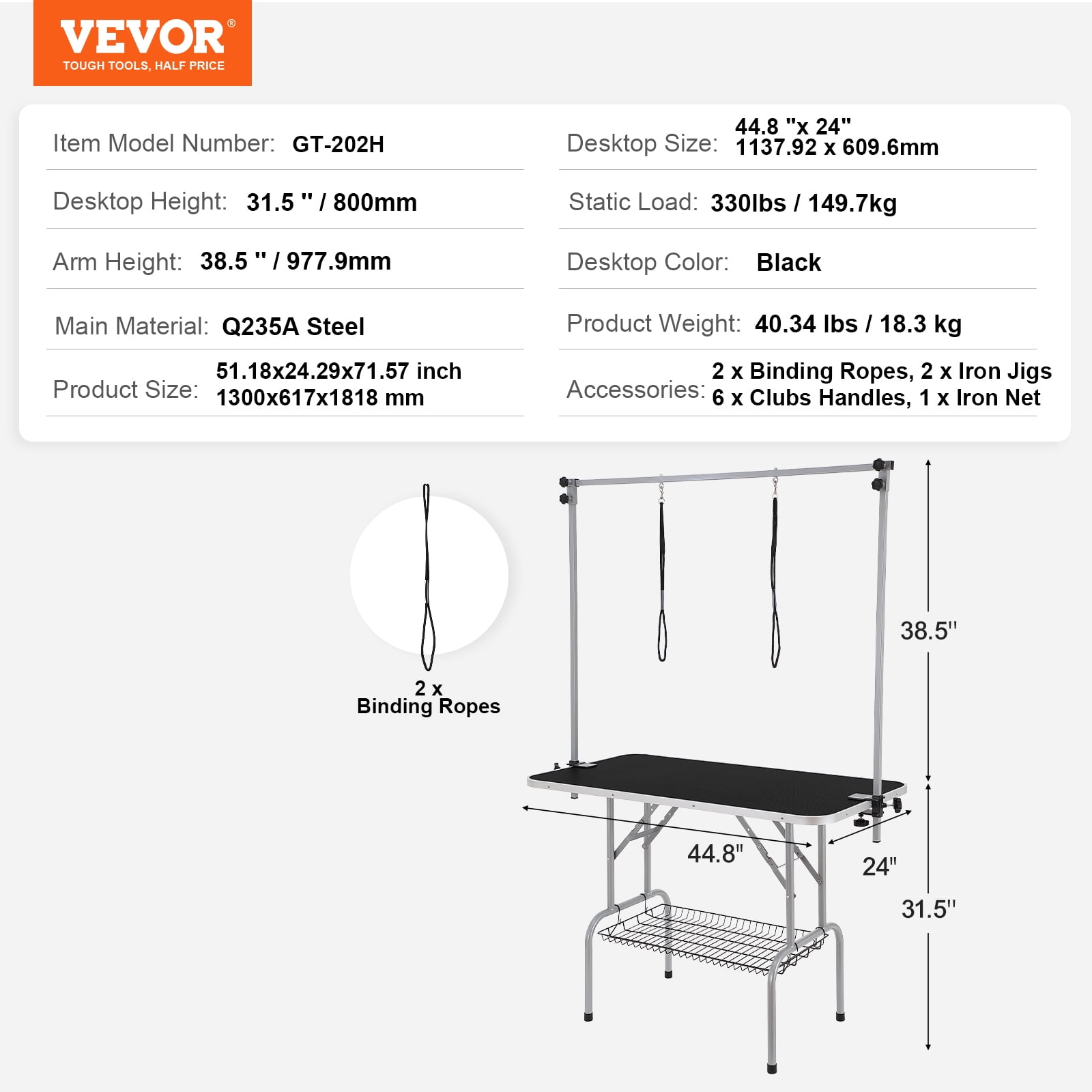 VEVOR Pet Grooming Table Two Arms with Clamp, 46'' Dog Grooming Station, Pets Grooming Stand for Medium and Small Dogs, Free No Sit Haunch Holder with Grooming Loop, Bearing 330lbs