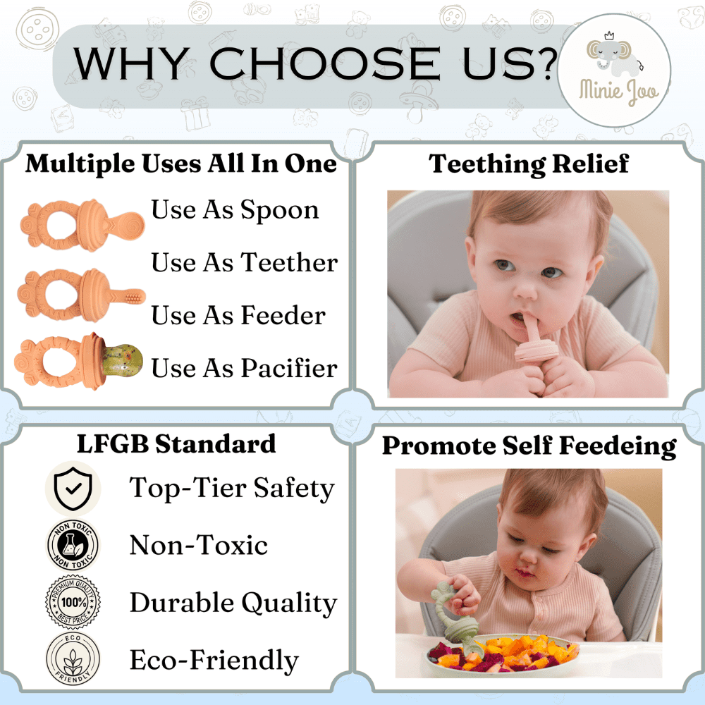 Minie Joo Baby Fruit and Food Feeder &amp; Teething Pacifier Set, 3 Pacifier Pouches, Pink