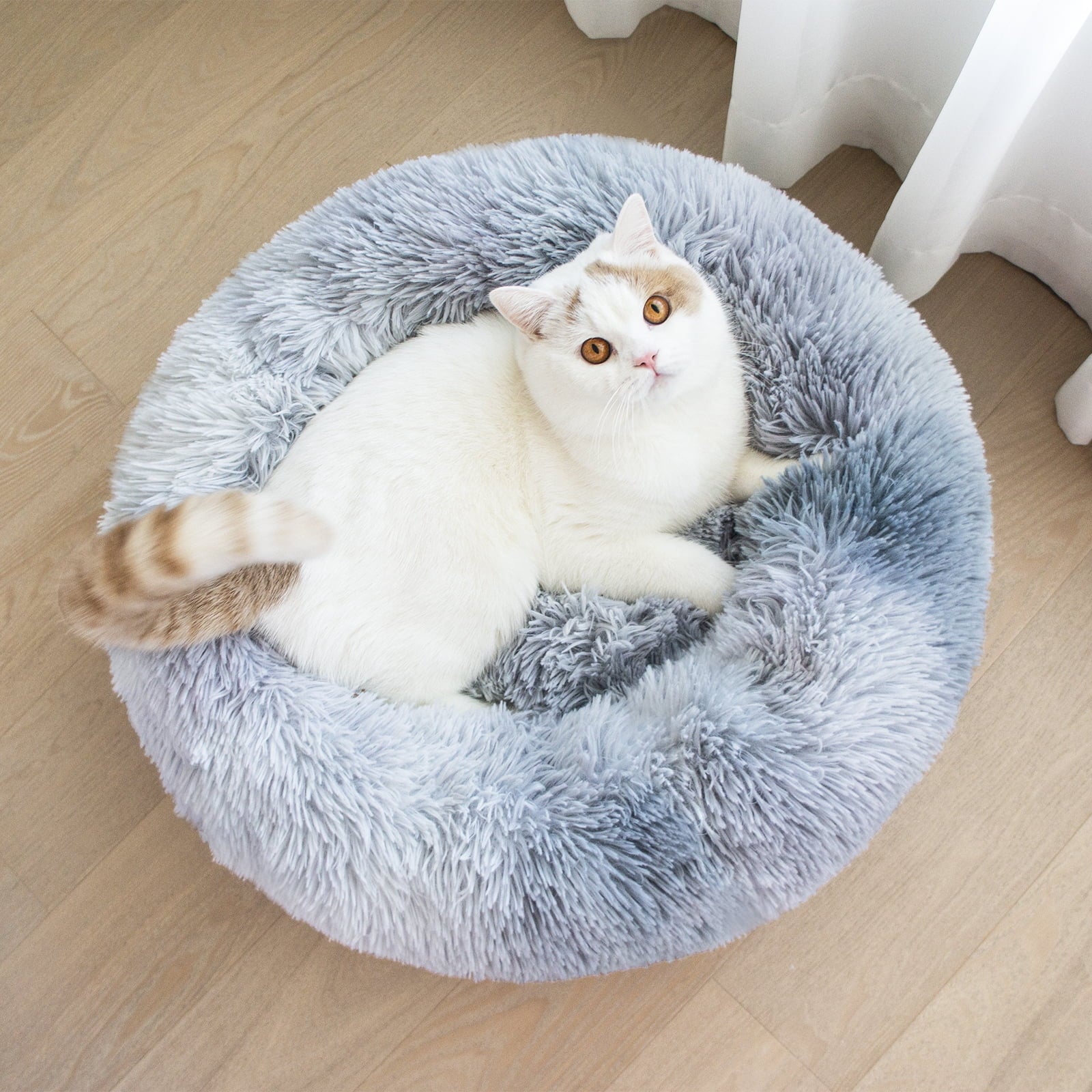 Donut Pet Bed for Small Dogs 20", Plush Warming Dog Bed, Pink Rainbow