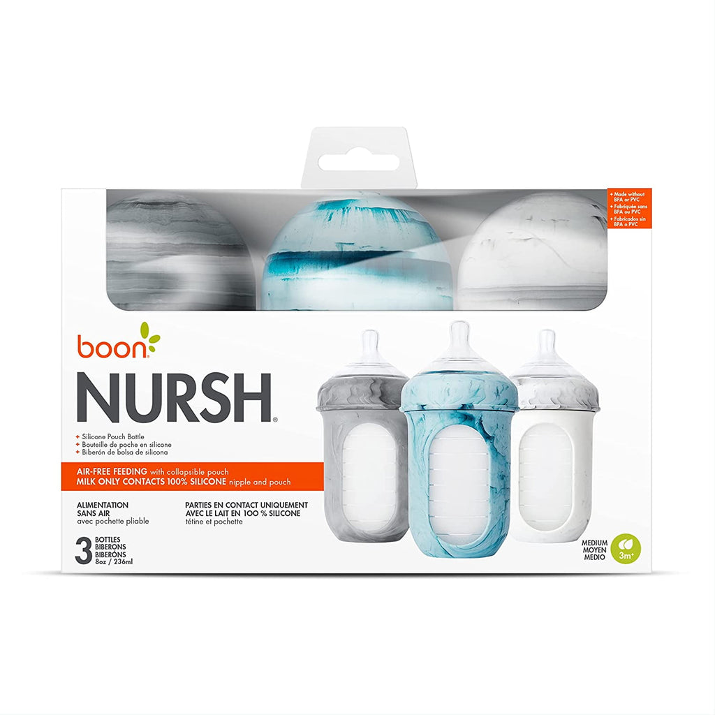NURSH Silicone Pouch Baby Bottles – Stage 2 Medium Flow – 8oz – Marble (3pk)